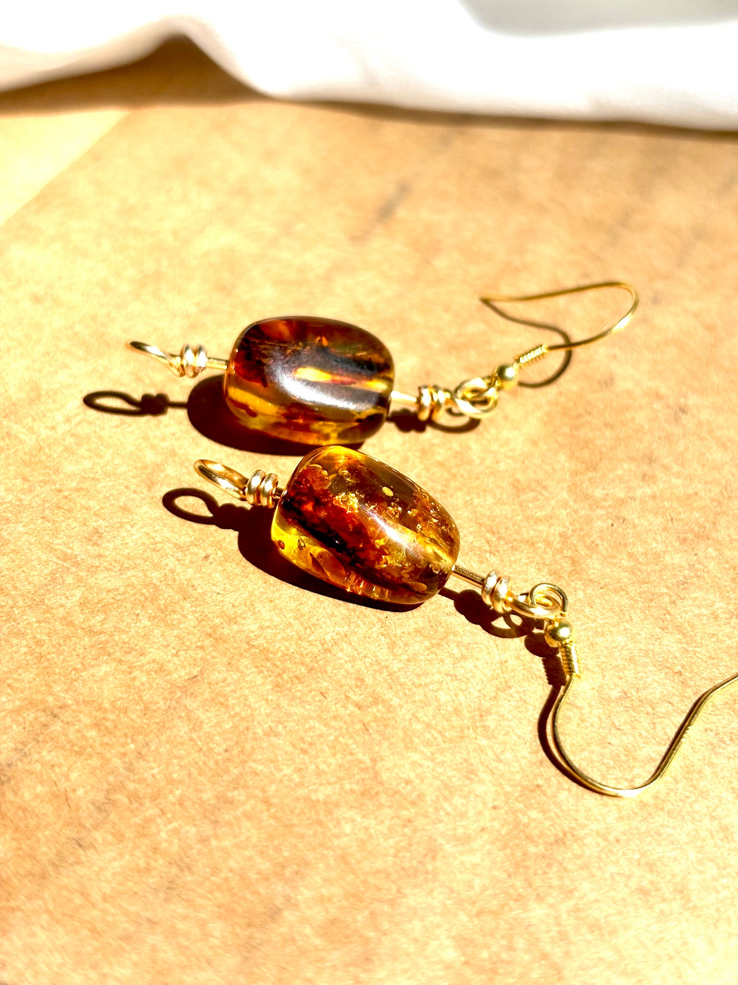 Elegant Chunky Natural Amber Dangling Gold-Plated 925 Sterling Silver Wire Earrings