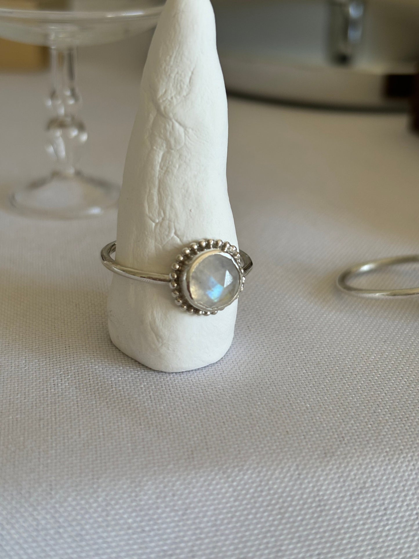 Natural moonstone rose cut stone ring, 925 sterling silver