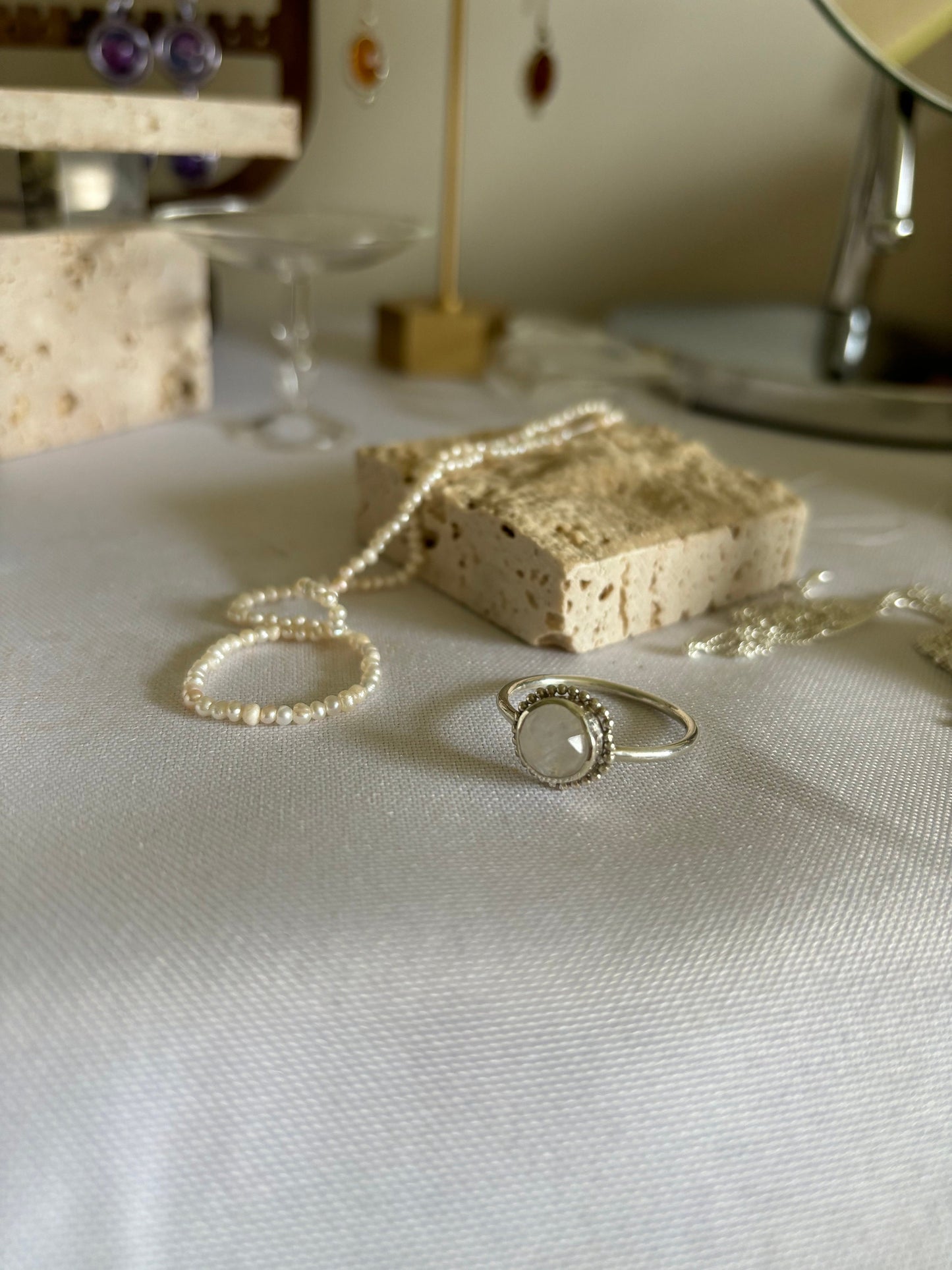 Natural moonstone rose cut stone ring, 925 sterling silver