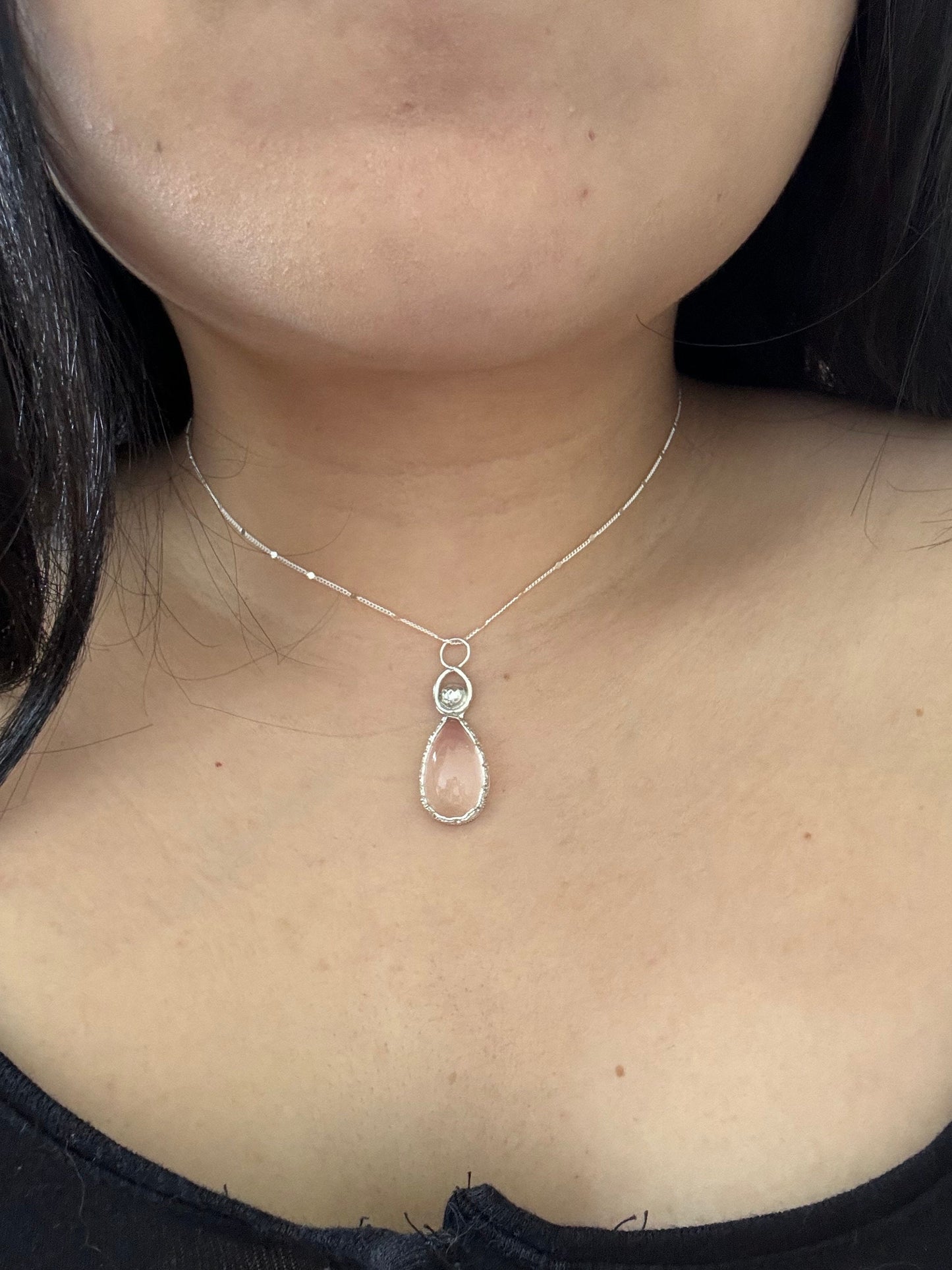 Natural Rose quartz oval crystal clear necklace 925 sterling silver