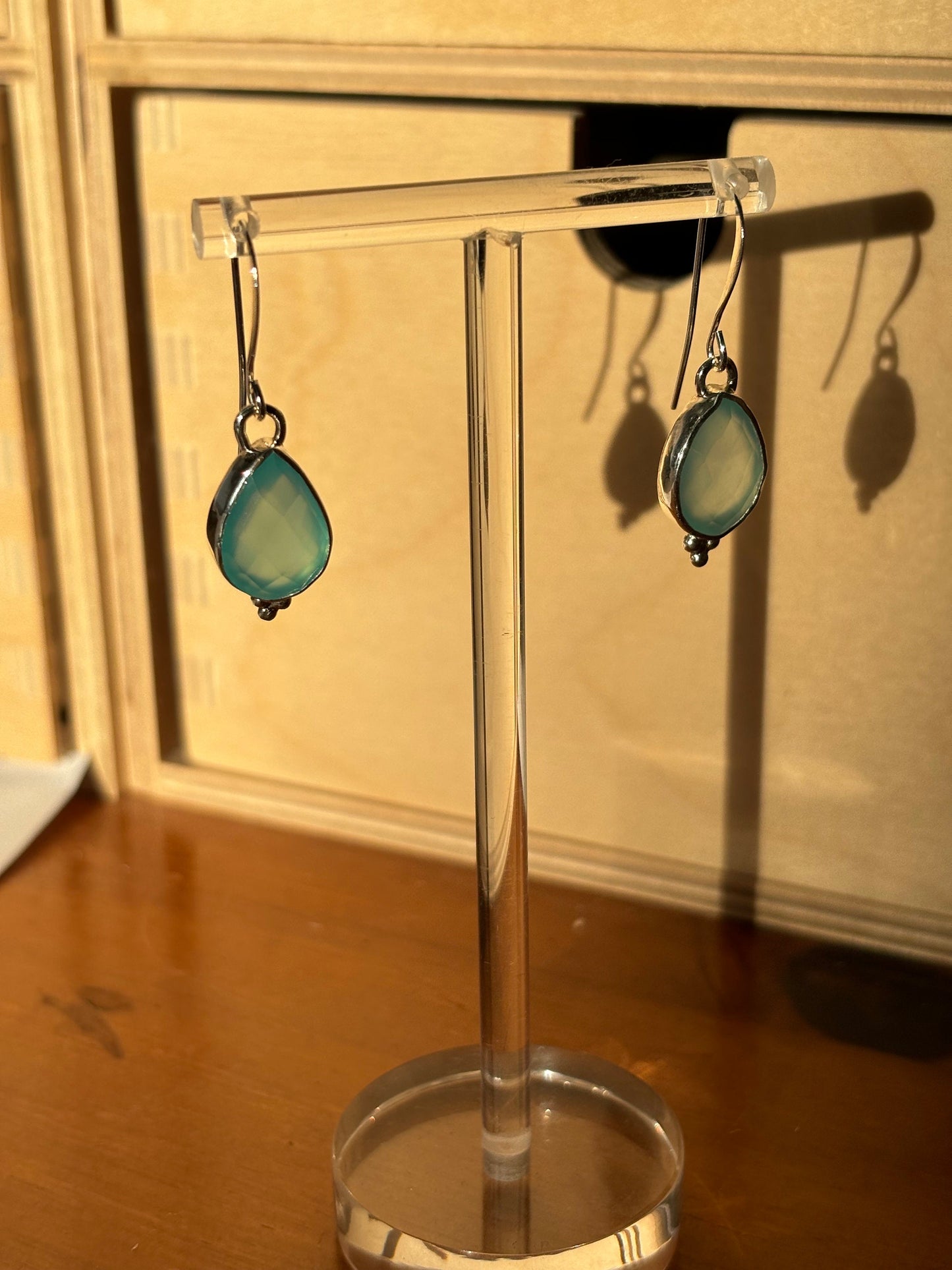 Blue chalcedony unsymmetrical pear shape 925 sterling silver earrings