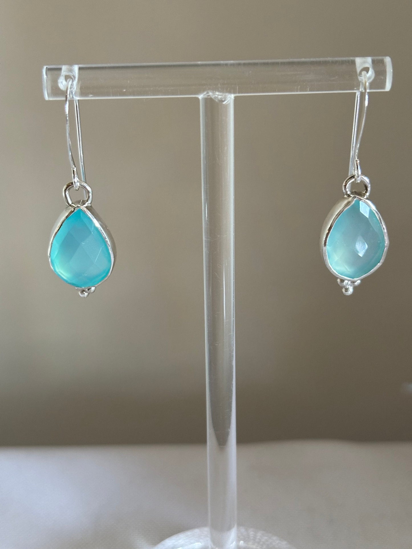 Blue chalcedony unsymmetrical pear shape 925 sterling silver earrings
