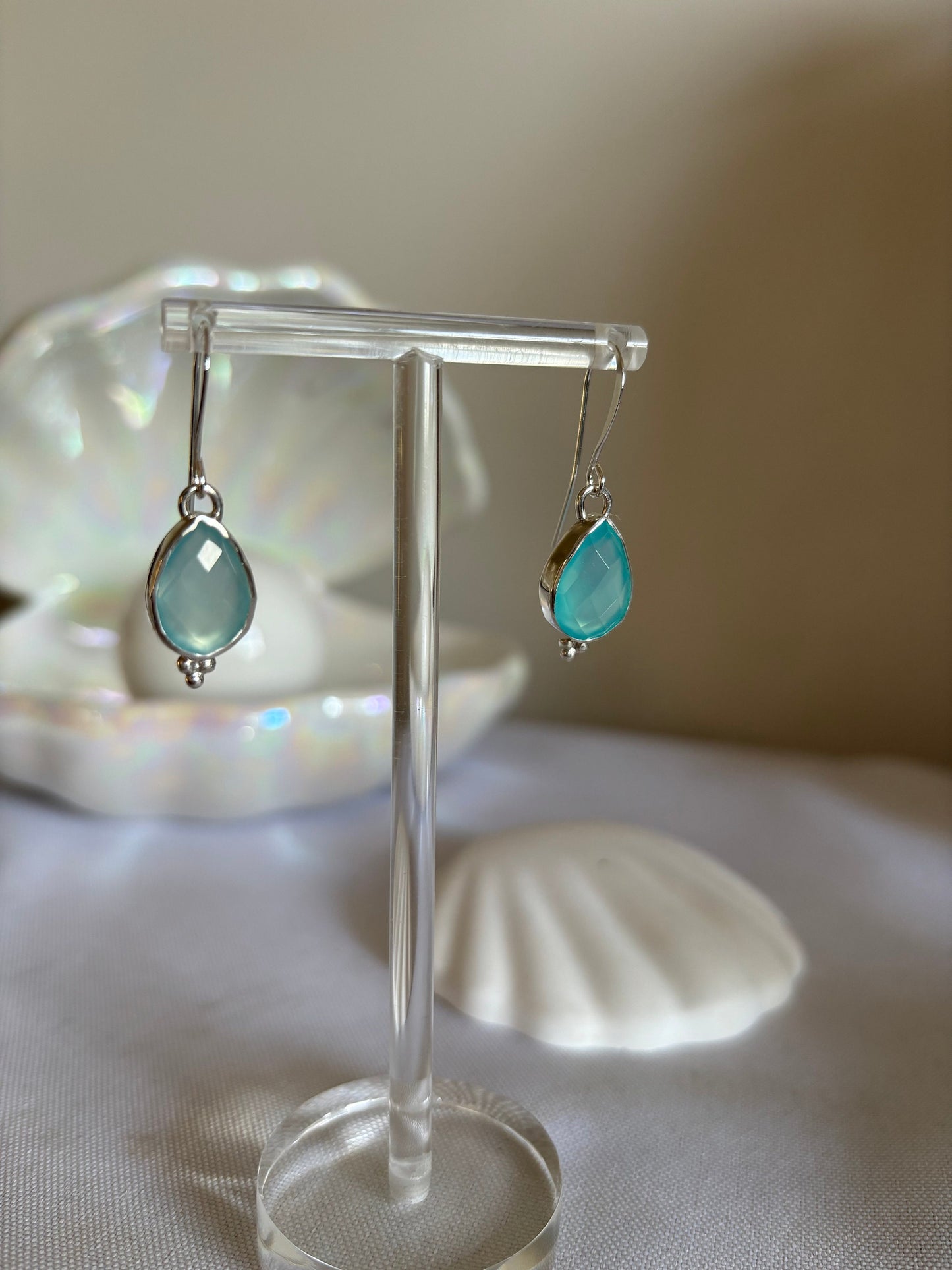 Blue chalcedony unsymmetrical pear shape 925 sterling silver earrings