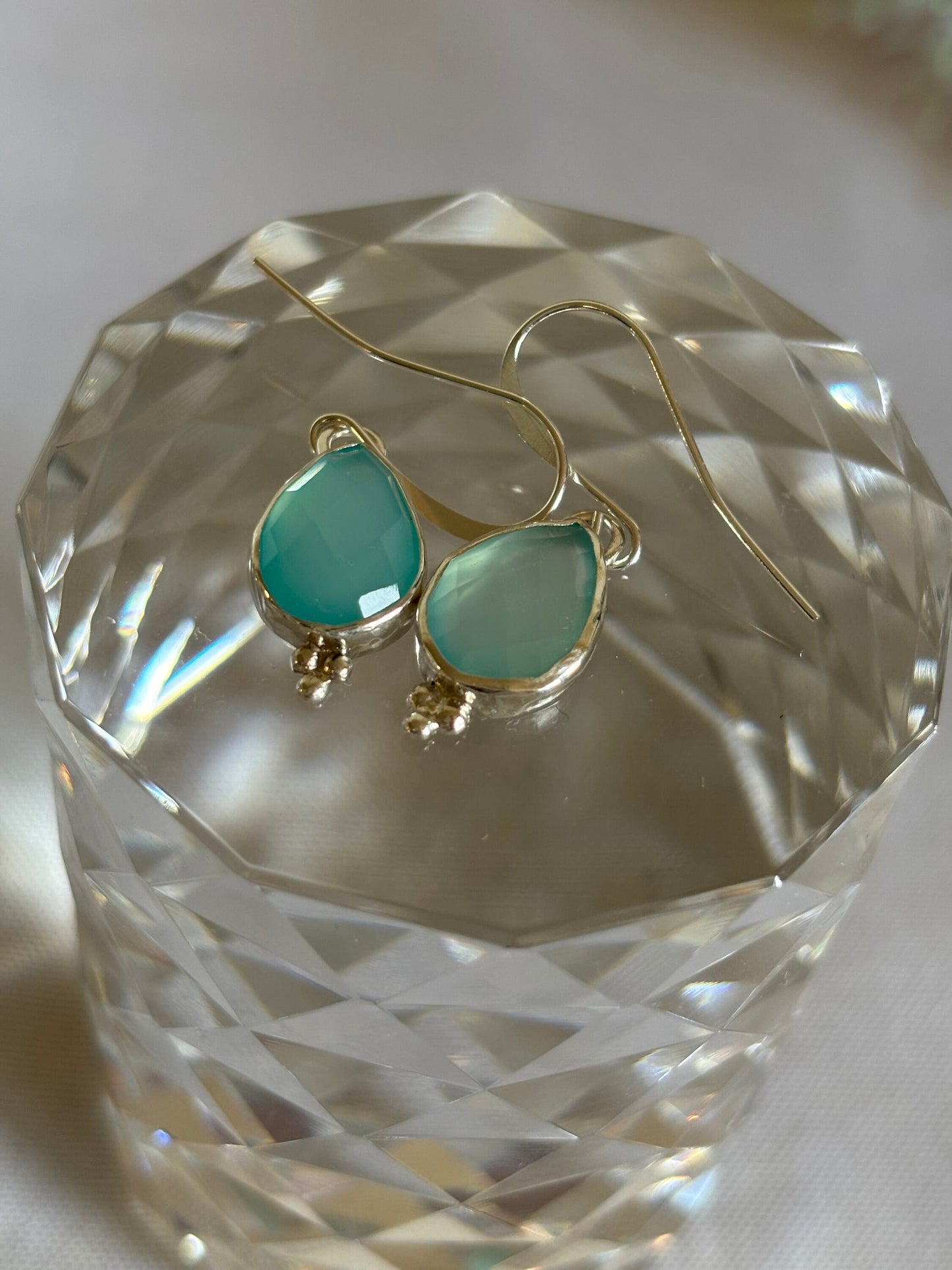 Blue chalcedony unsymmetrical pear shape 925 sterling silver earrings