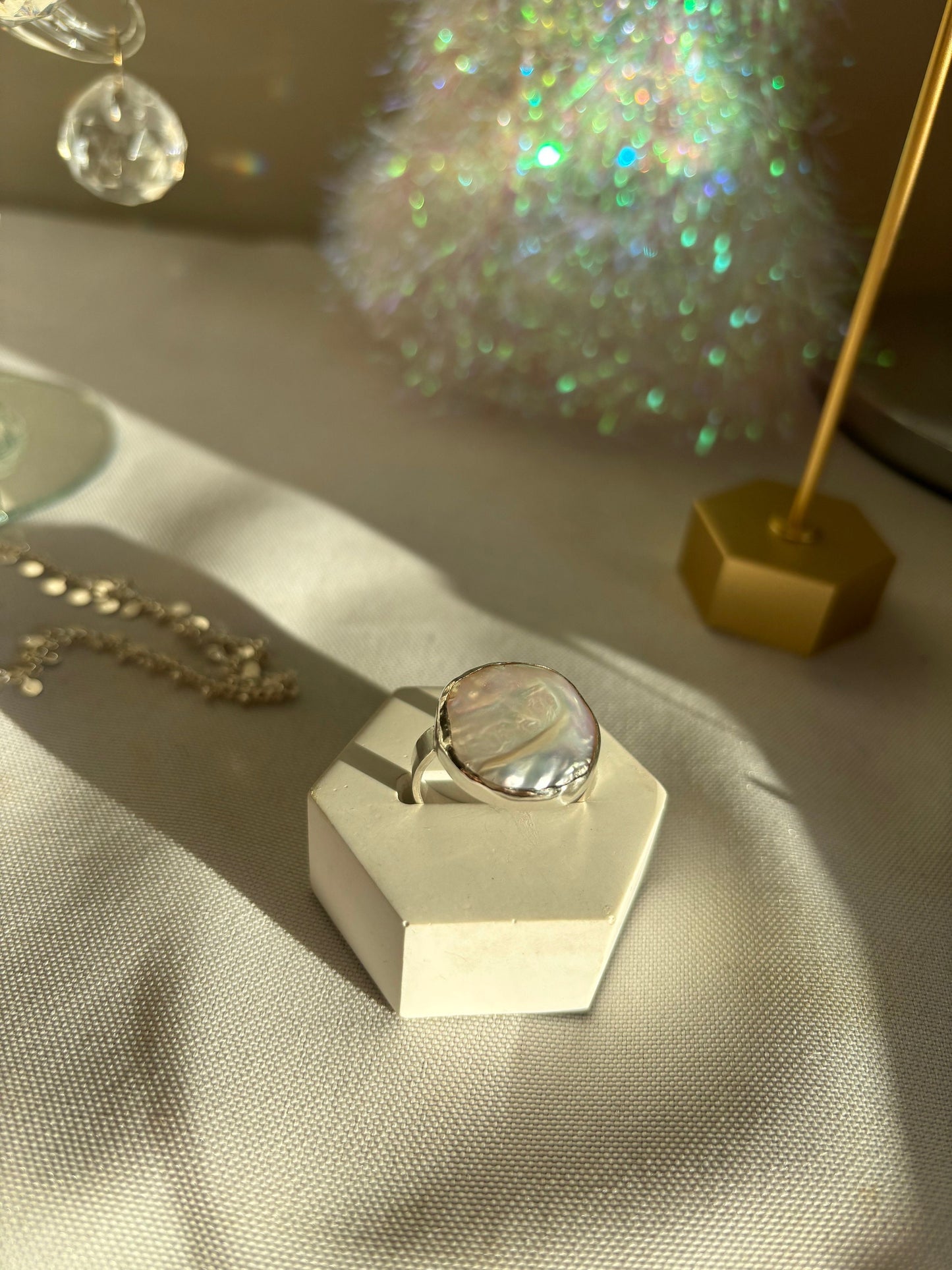 Natural coin white pearl statement 925 sterling silver ring