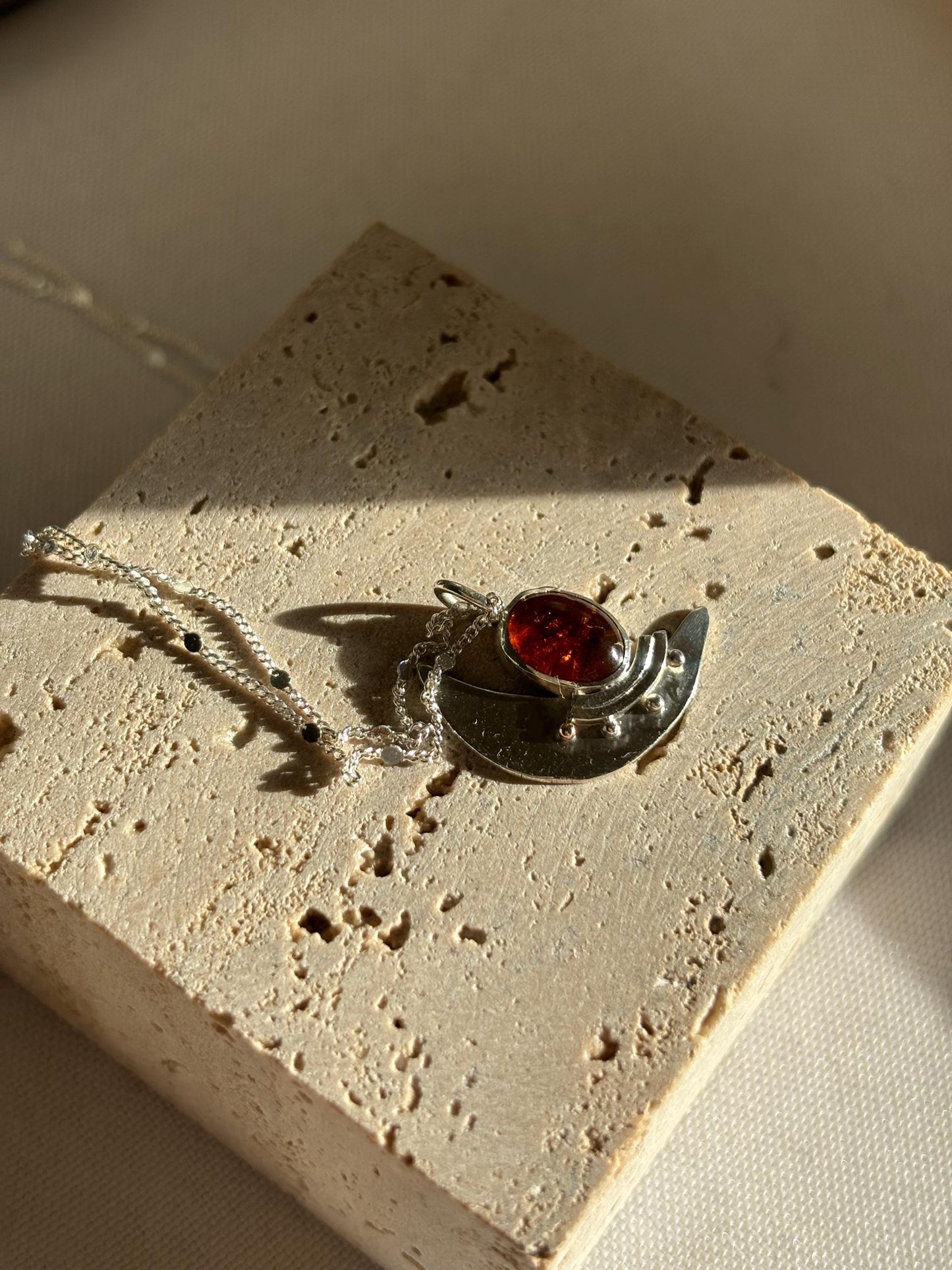 Moon and starts inspired natural amber 925 sterling silver pendent necklace