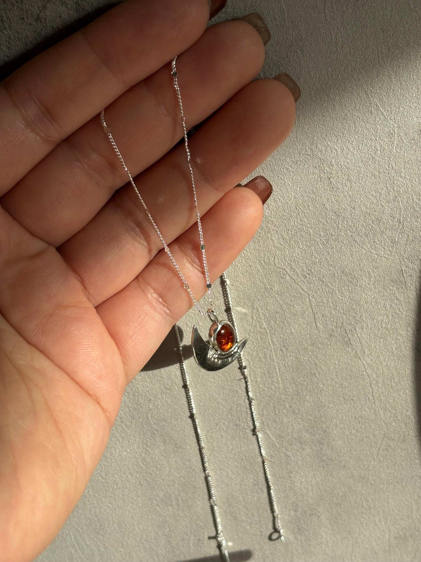 Moon and starts inspired natural amber 925 sterling silver pendent necklace