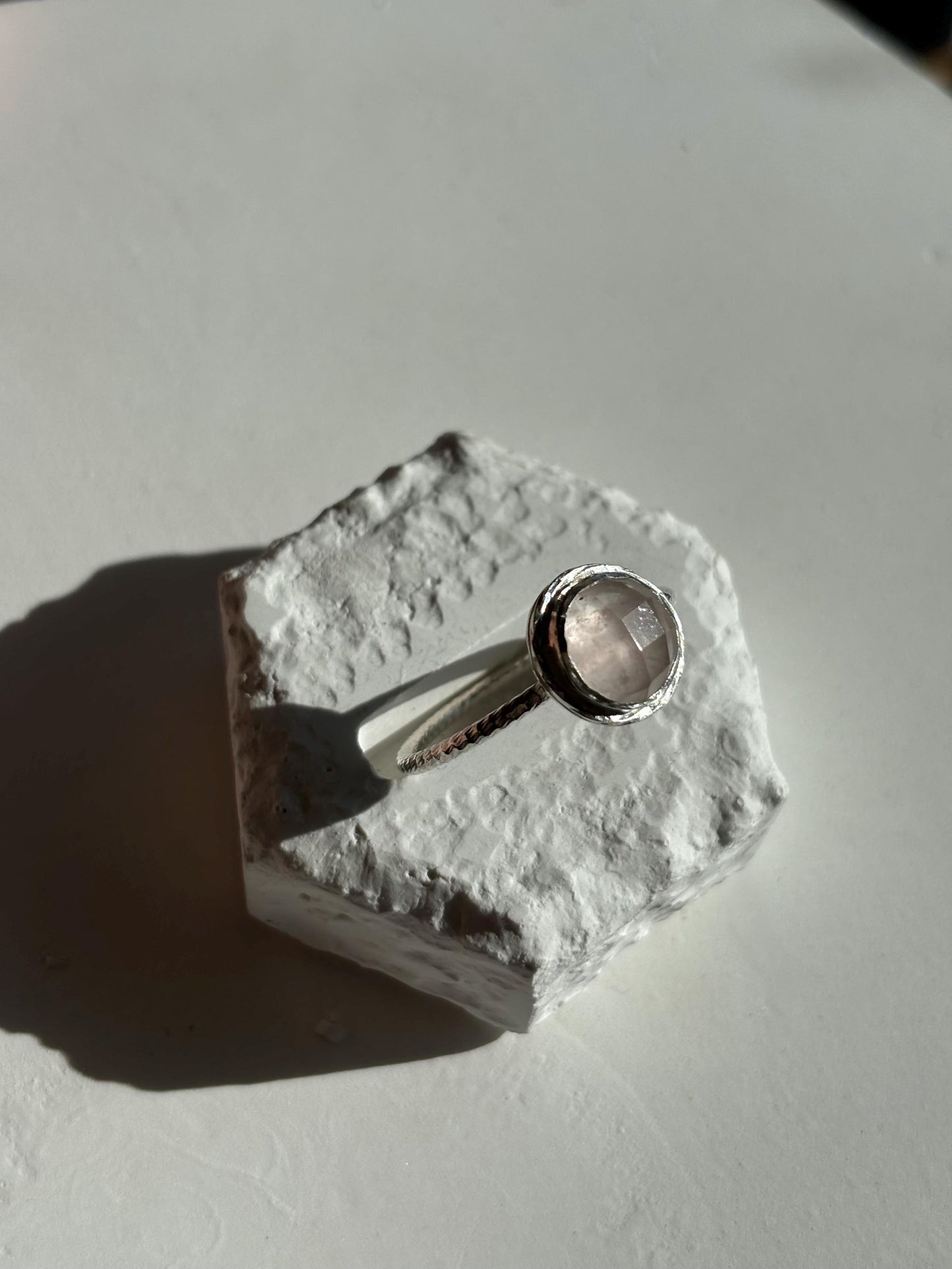 Natural rose quartz rose cut stone ring, 925 sterling silver