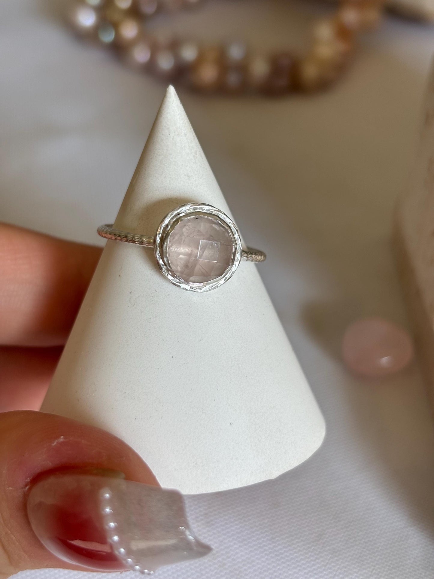 Natural rose quartz rose cut stone ring, 925 sterling silver