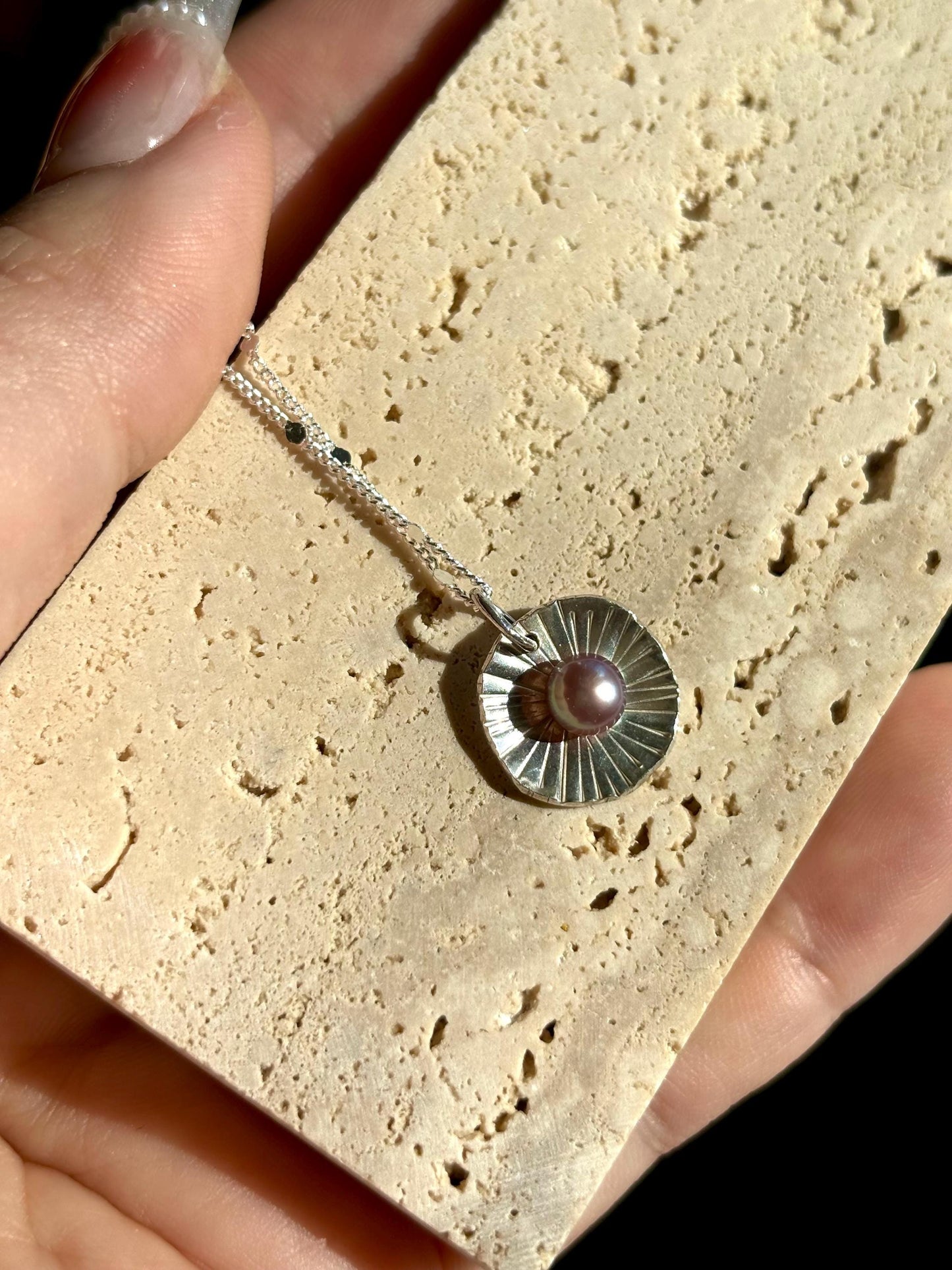 Natural Heather Pearl with Palm Leaf texture inspired 925 sterling silver necklace (AAA Luster)