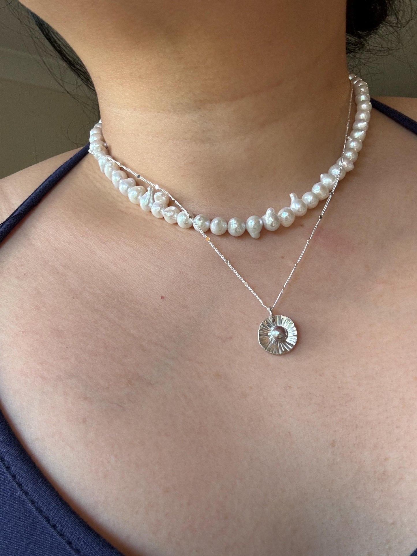 Natural Heather Pearl with Palm Leaf texture inspired 925 sterling silver necklace (AAA Luster)