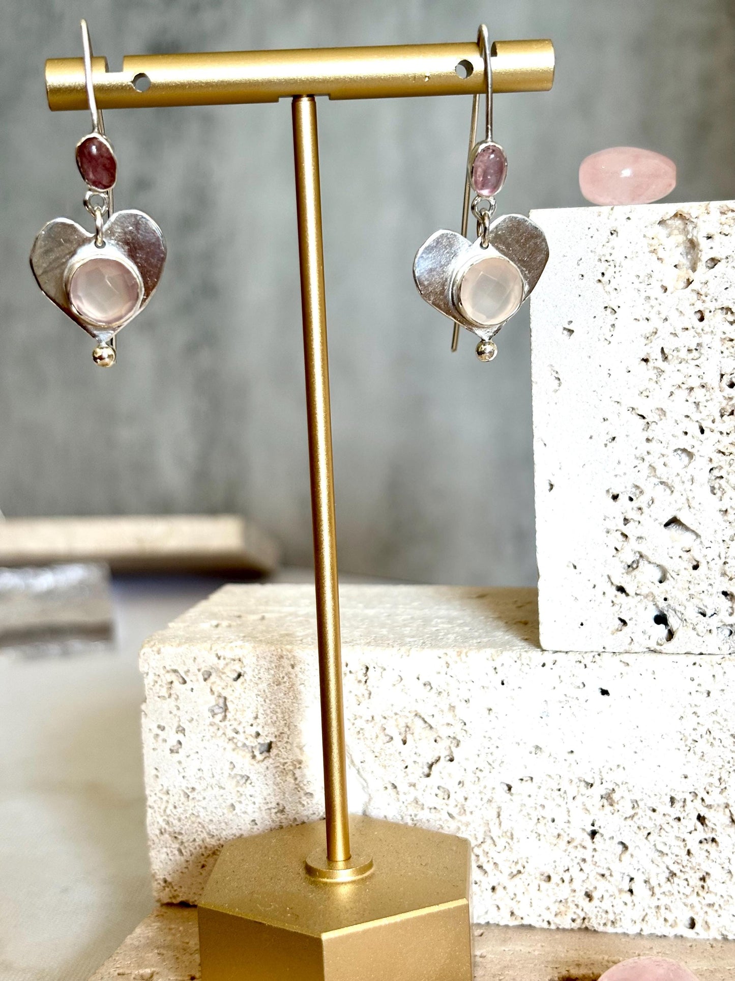 Love Potion Pink Chalcedony Rose Tourmaline Heart-Shaped 925 sterling silver earrings