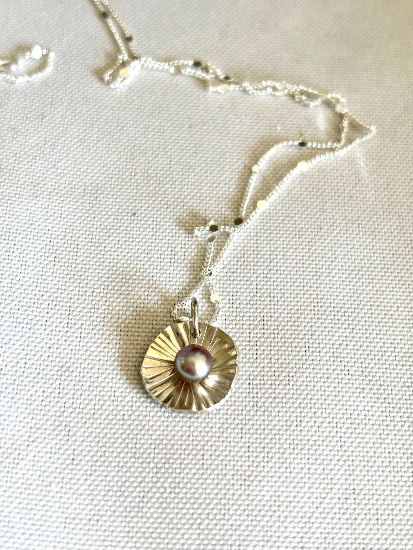 Natural Heather Pearl with Palm Leaf texture inspired 925 sterling silver necklace (AAA Luster)