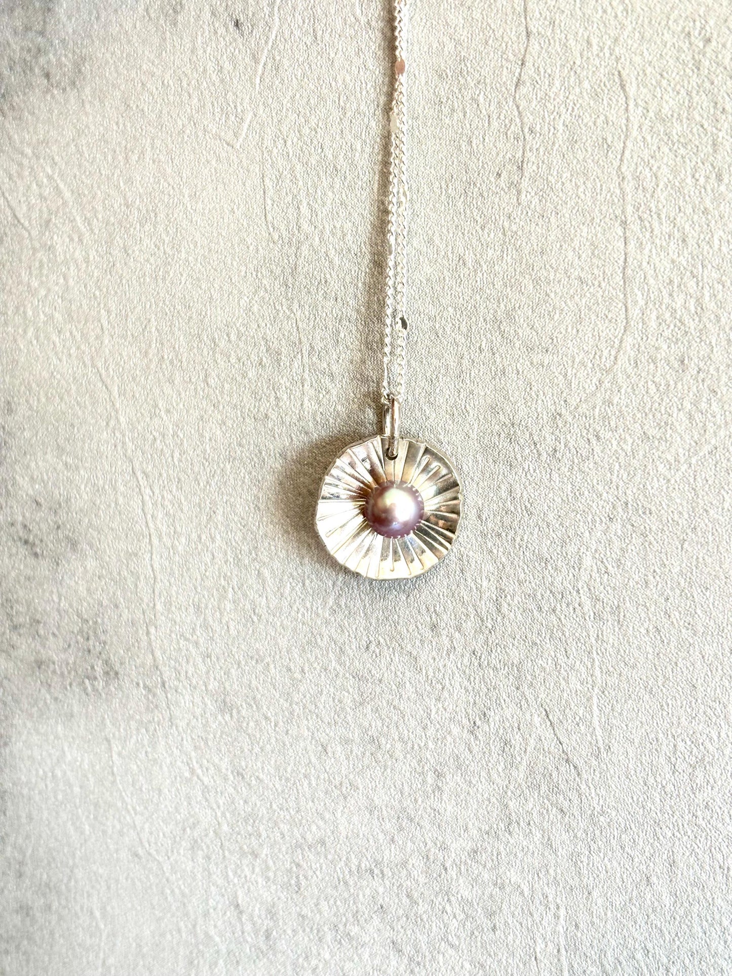Natural Heather Pearl with Palm Leaf texture inspired 925 sterling silver necklace (AAA Luster)