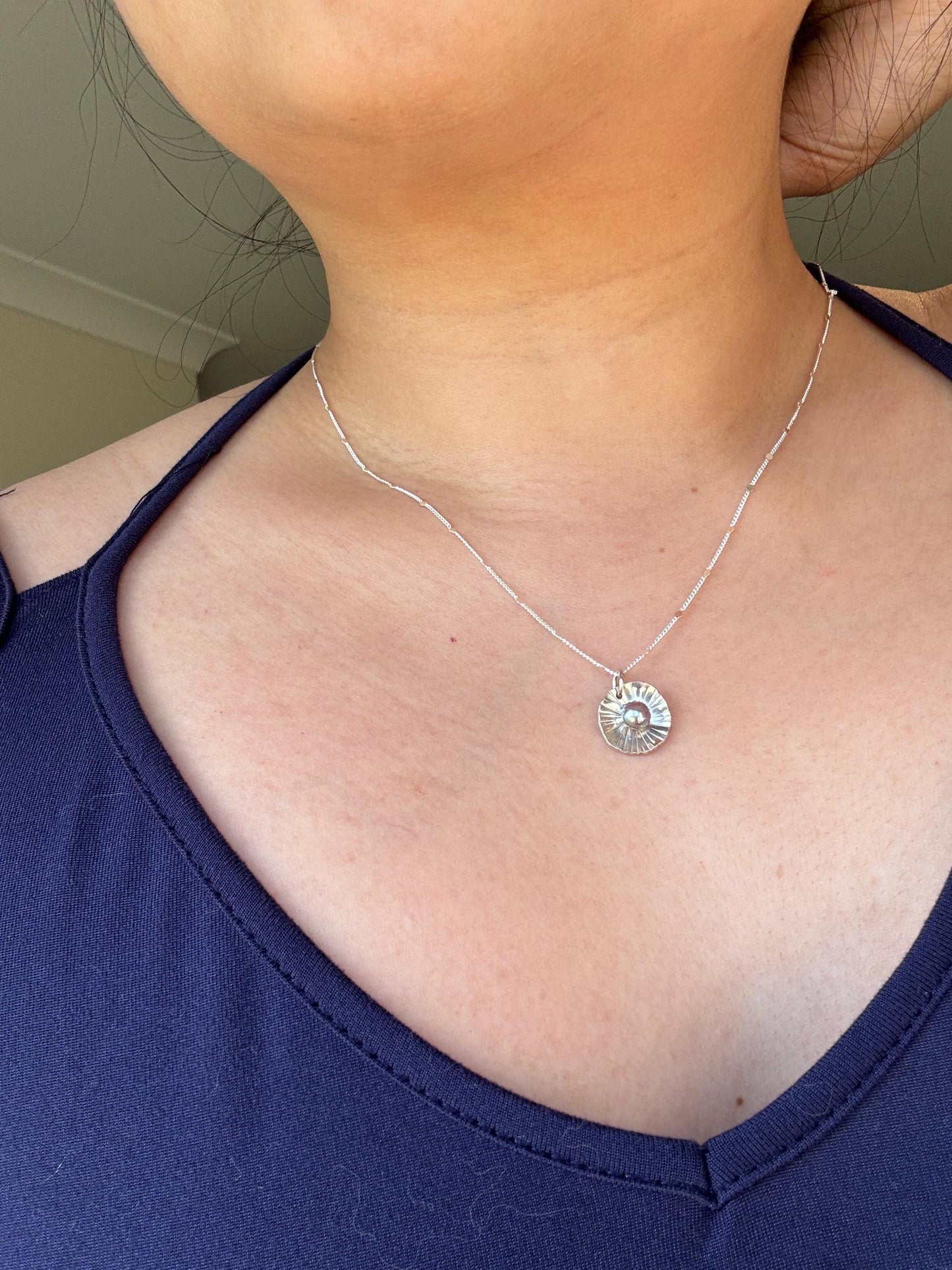 Natural Heather Pearl with Palm Leaf texture inspired 925 sterling silver necklace (AAA Luster)