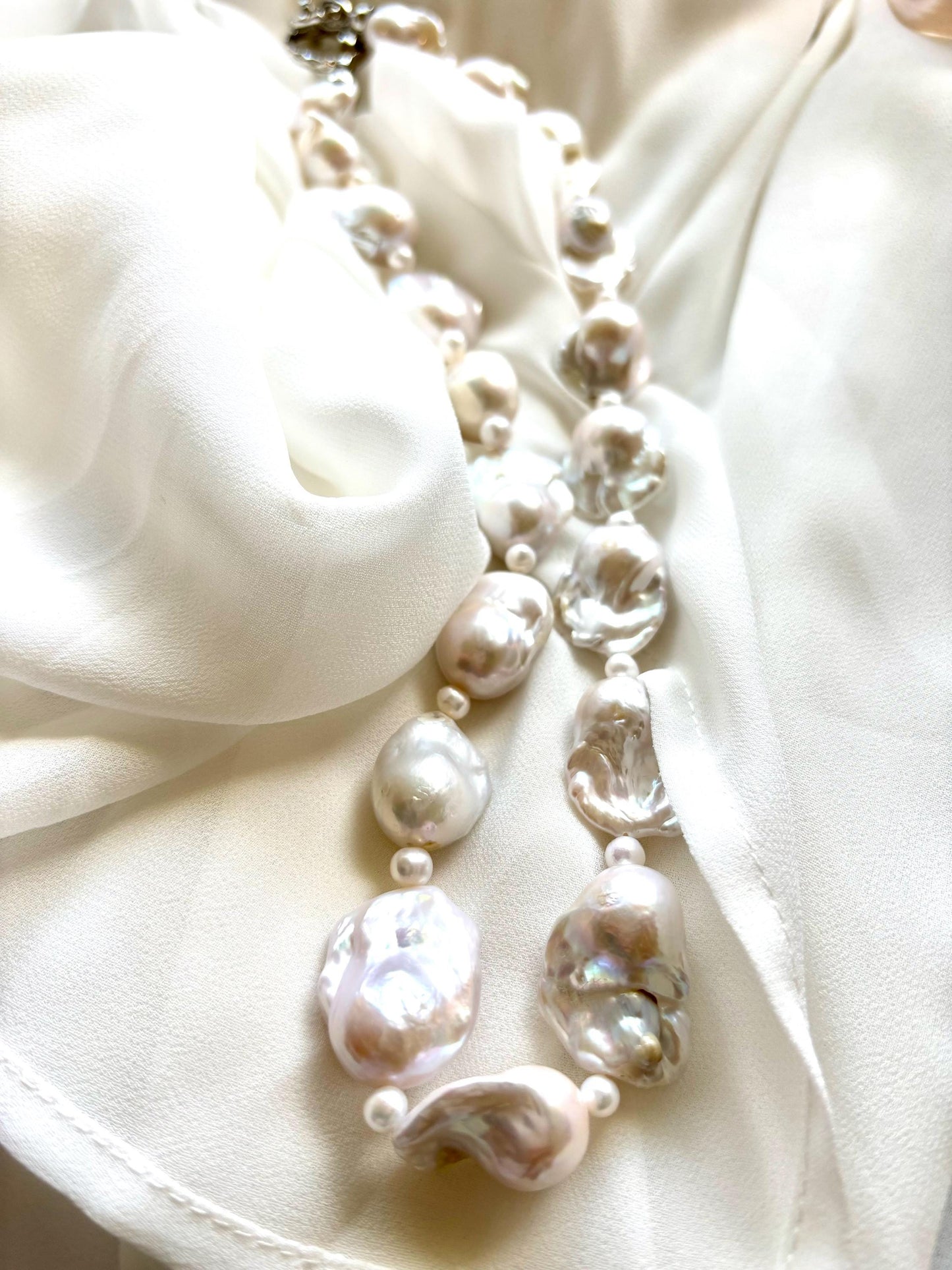 Luna Glow: Iridescent Baroque Freshwater Pearl Necklace 925 Sterling Silver ( AA+ Luster )