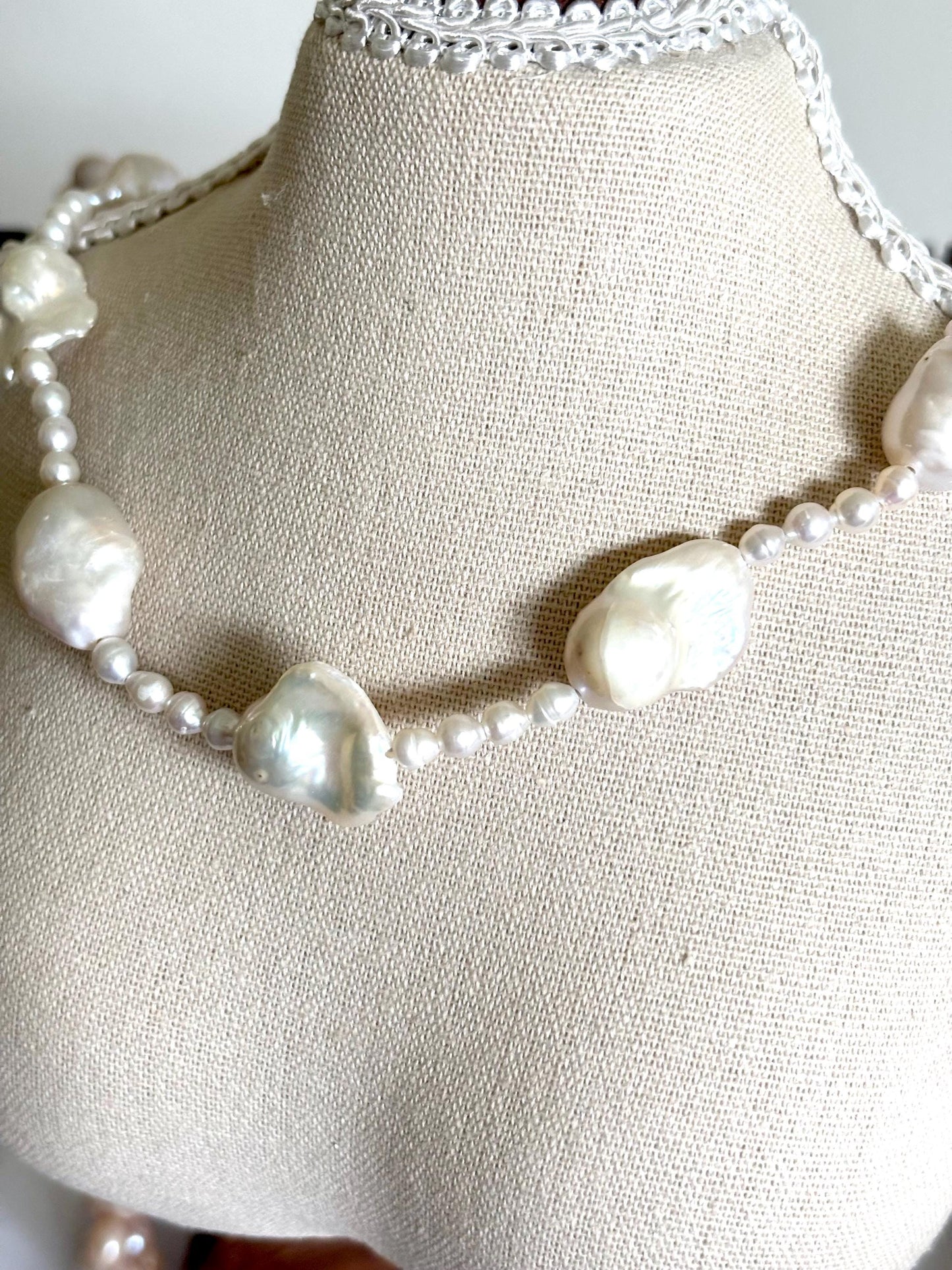 White Natural Baroque Pearl Necklace with Round Beads & 925 Sterling Silver Clasp (Luster AA+) Perfect imperfections.