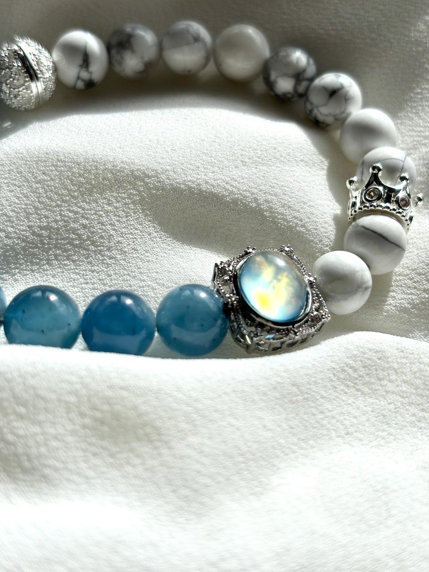 Navy Blue Aquamaire & Magnesite Stone Bracelet with Aquamarine and Crown Charms