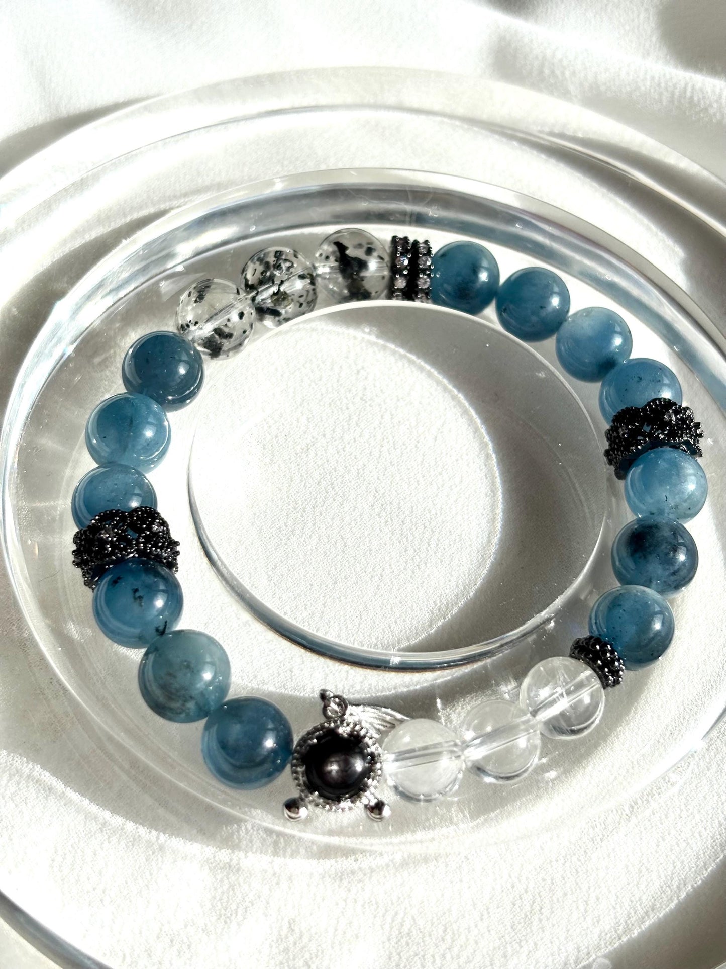 Aquamaire, Clear Quartz & Black Mica Bracelet with Gold Fish Charm – Handmade Silver Obsidian Gemstone Jewelry