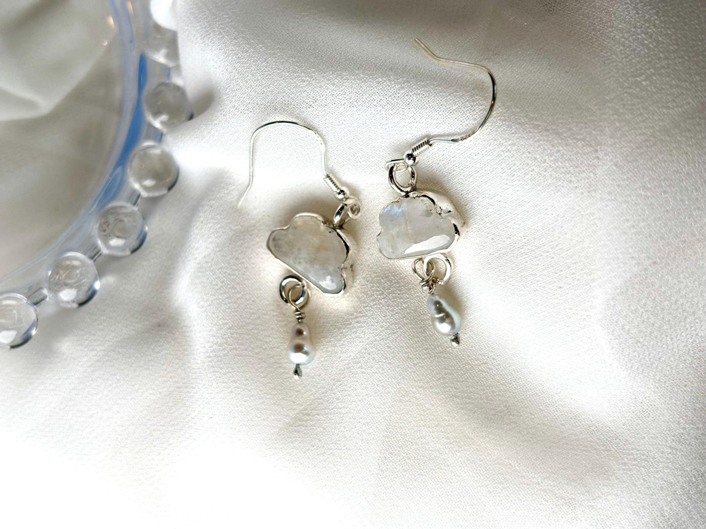 Sunny, Partly Cloudy, Chance of Shower Exquisite Moonstone Bluish Baroque Pearls Sterling Silver Earrings.
