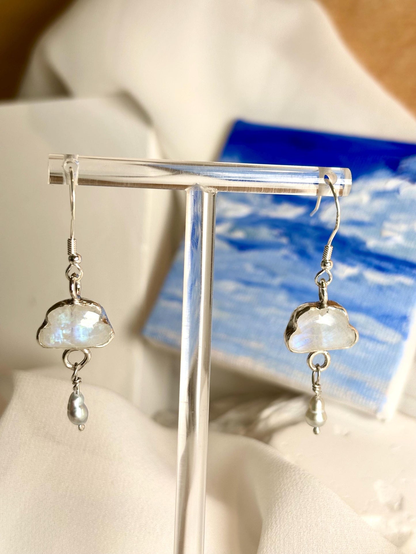 Sunny, Partly Cloudy, Chance of Shower Exquisite Moonstone Bluish Baroque Pearls Sterling Silver Earrings.
