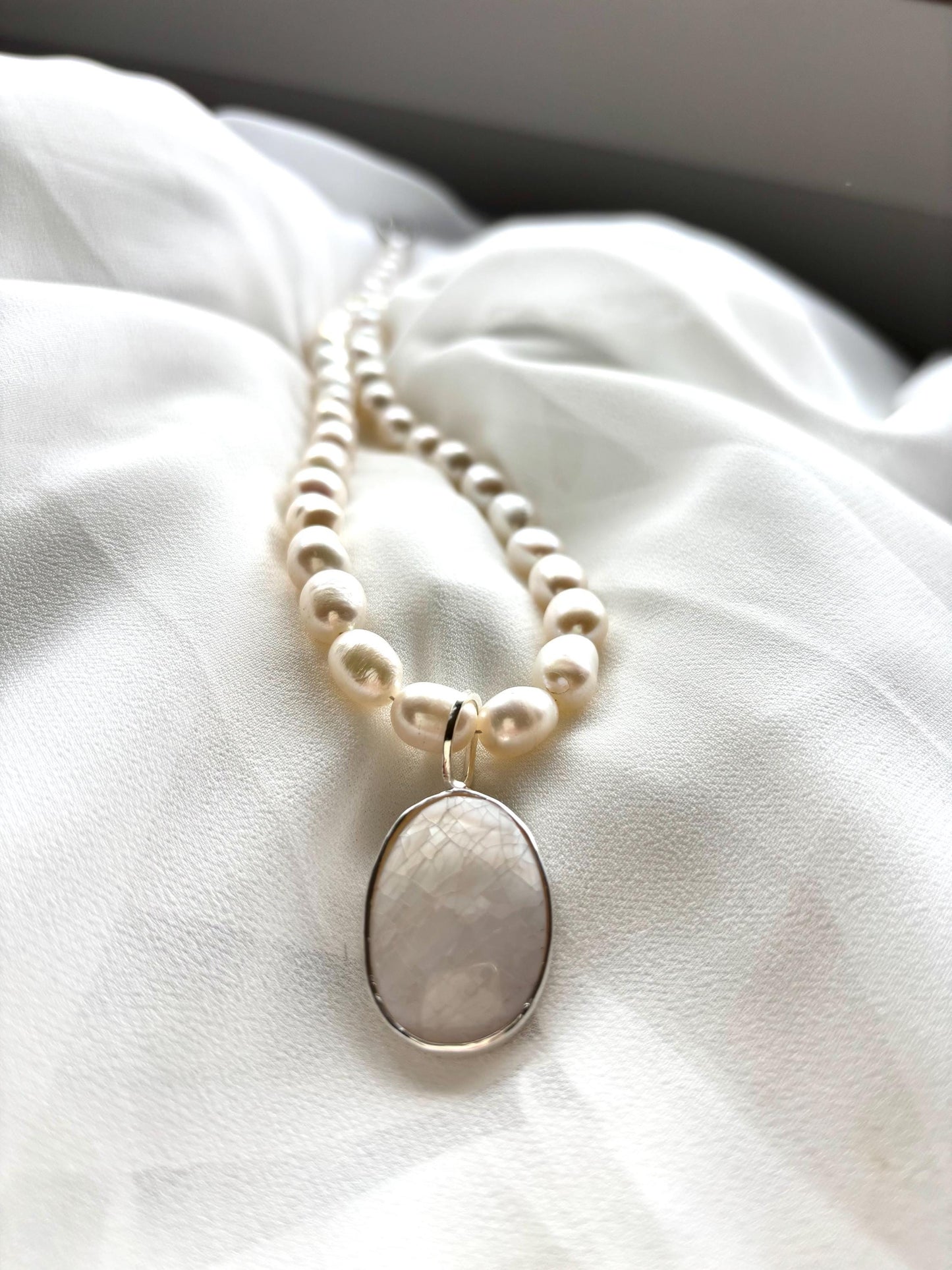 Handcrafted White Pearl Necklace with Sterling Silver Mother of Pearl Pendant
