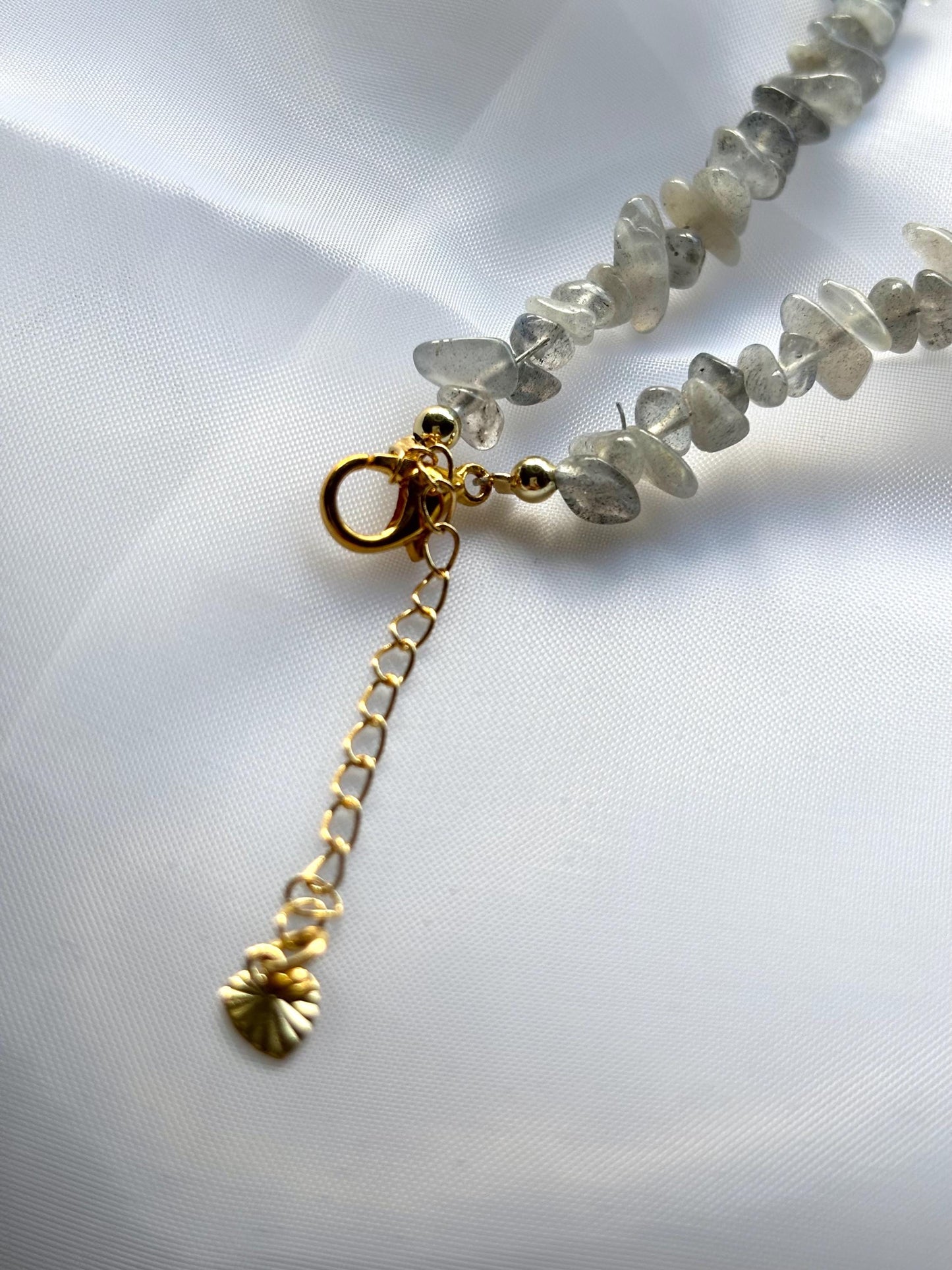 Irregular Labradorite Choker Necklace with White Pearl Center – 35cm Natural Gemstone Jewelry