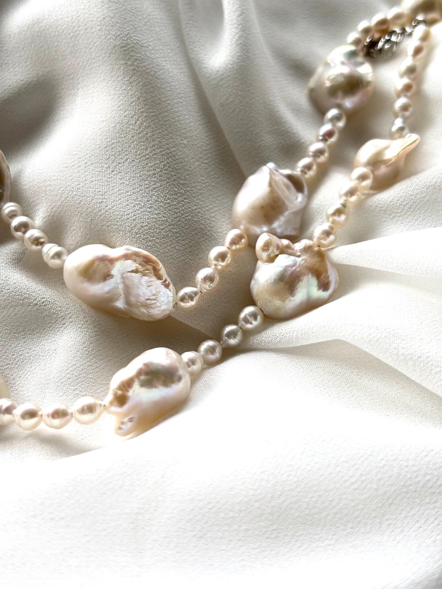 White Natural Baroque Pearl Necklace with Round Beads & 925 Sterling Silver Clasp (Luster AA+) Perfect imperfections.