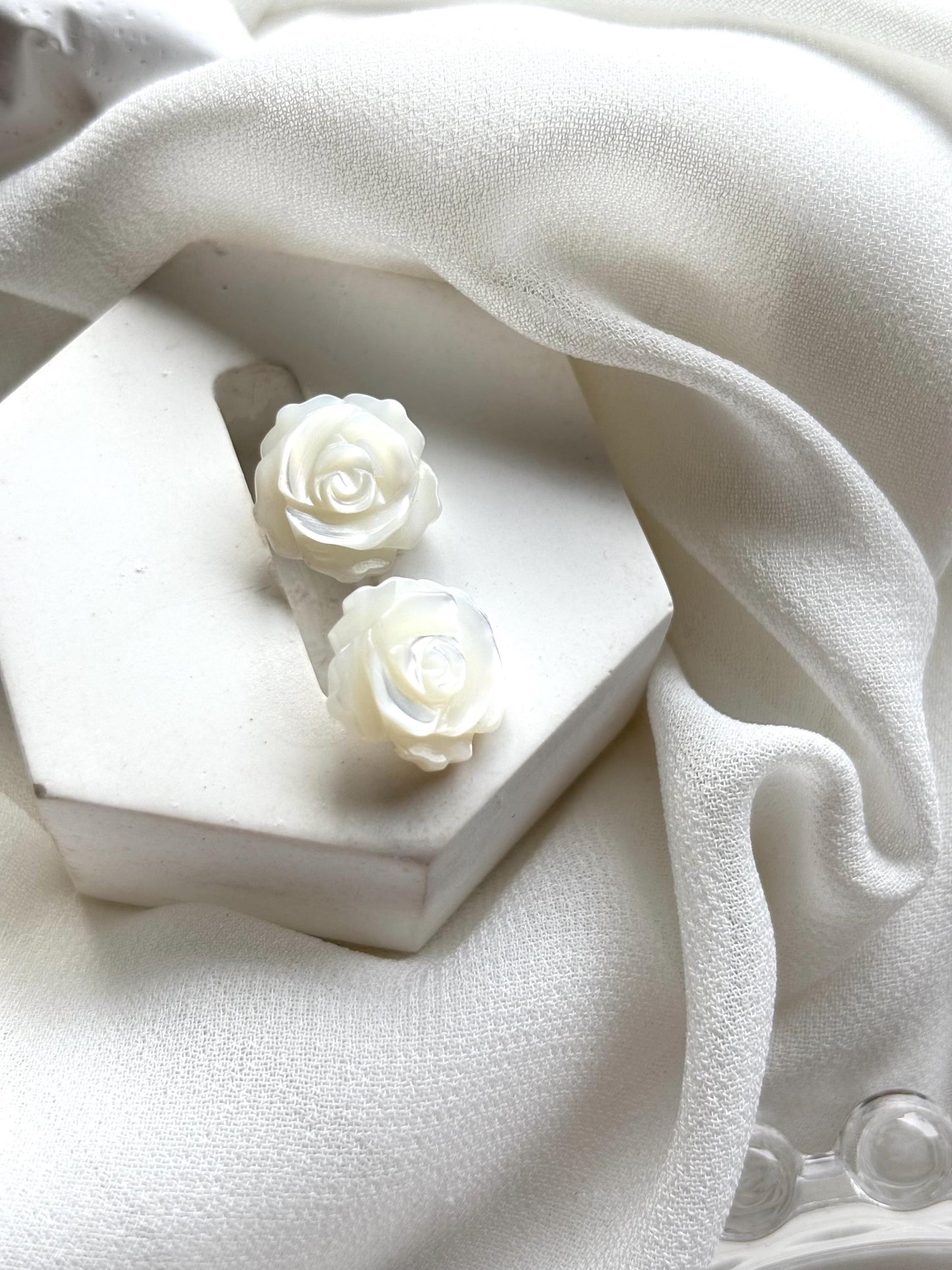 White Rose Stud Earrings – Mother of Pearl with Sterling Silver 925, Elegant Floral Jewelry