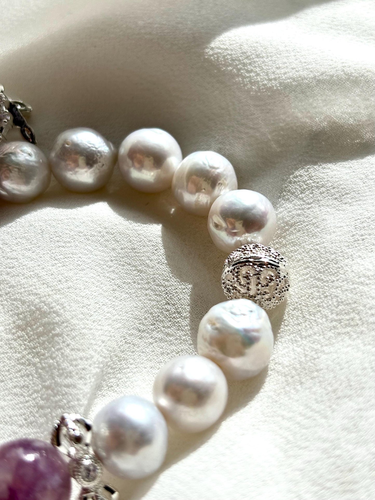 Elegant White Pearl & Milky Amethyst Bracelet with Dreamcatcher Sparkle Accents