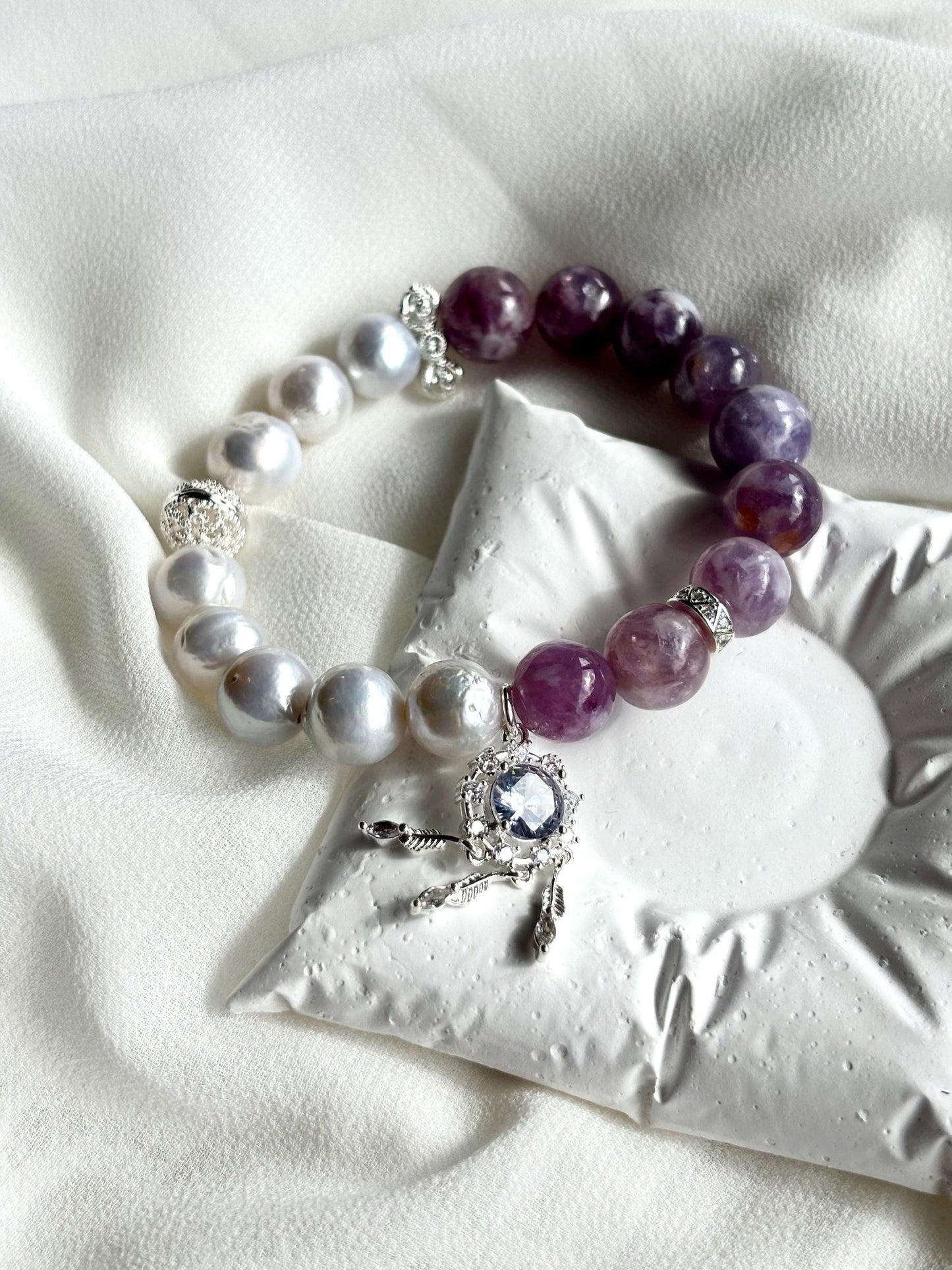 Elegant White Pearl & Milky Amethyst Bracelet with Dreamcatcher Sparkle Accents