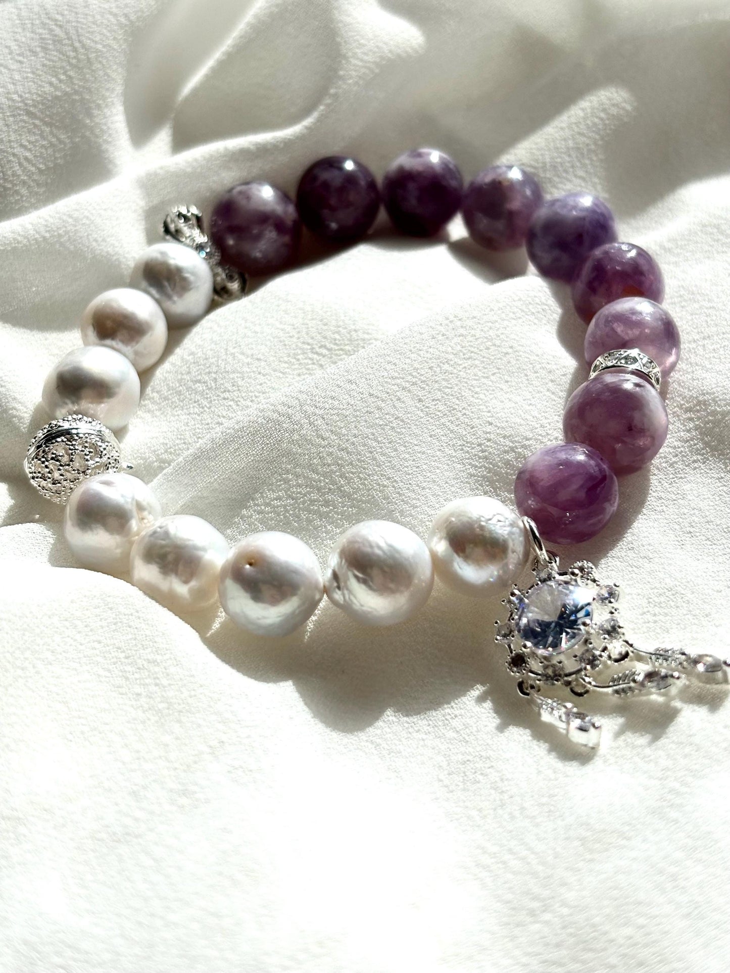 Elegant White Pearl & Milky Amethyst Bracelet with Dreamcatcher Sparkle Accents