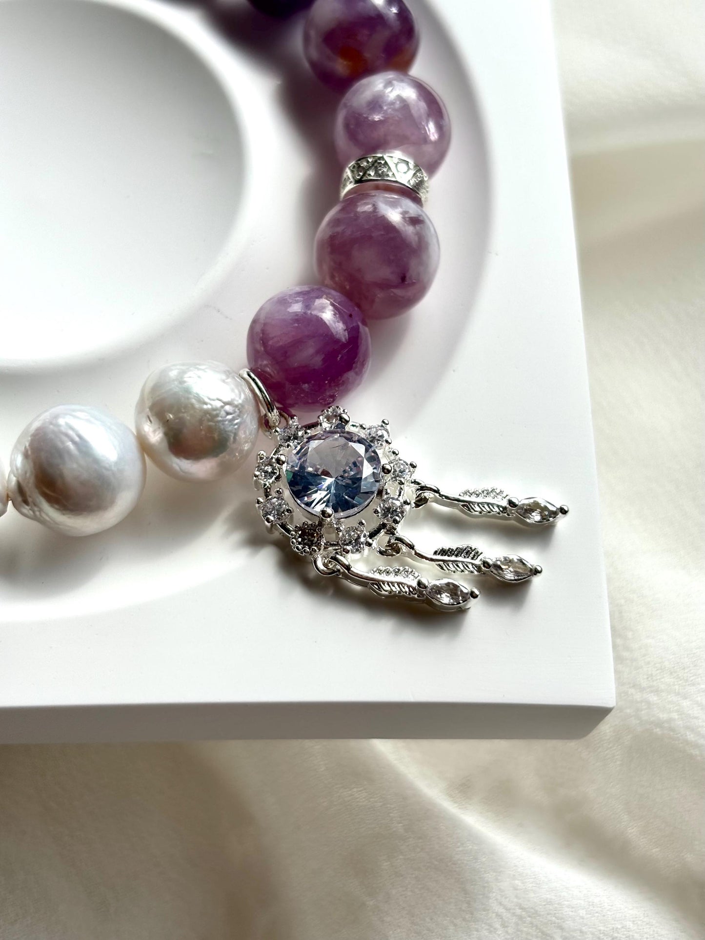 Elegant White Pearl & Milky Amethyst Bracelet with Dreamcatcher Sparkle Accents