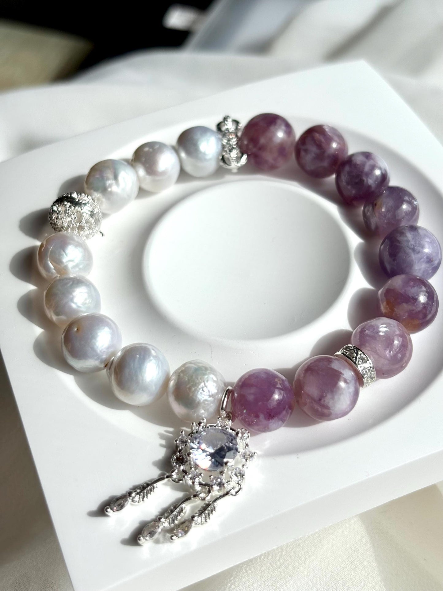 Elegant White Pearl & Milky Amethyst Bracelet with Dreamcatcher Sparkle Accents