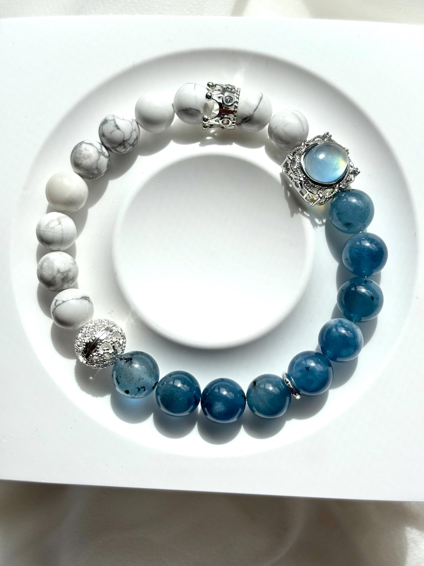 Navy Blue Aquamaire & Magnesite Stone Bracelet with Aquamarine and Crown Charms