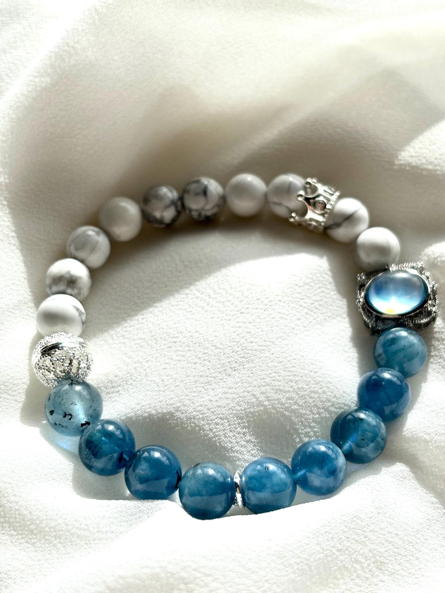 Navy Blue Aquamaire & Magnesite Stone Bracelet with Aquamarine and Crown Charms
