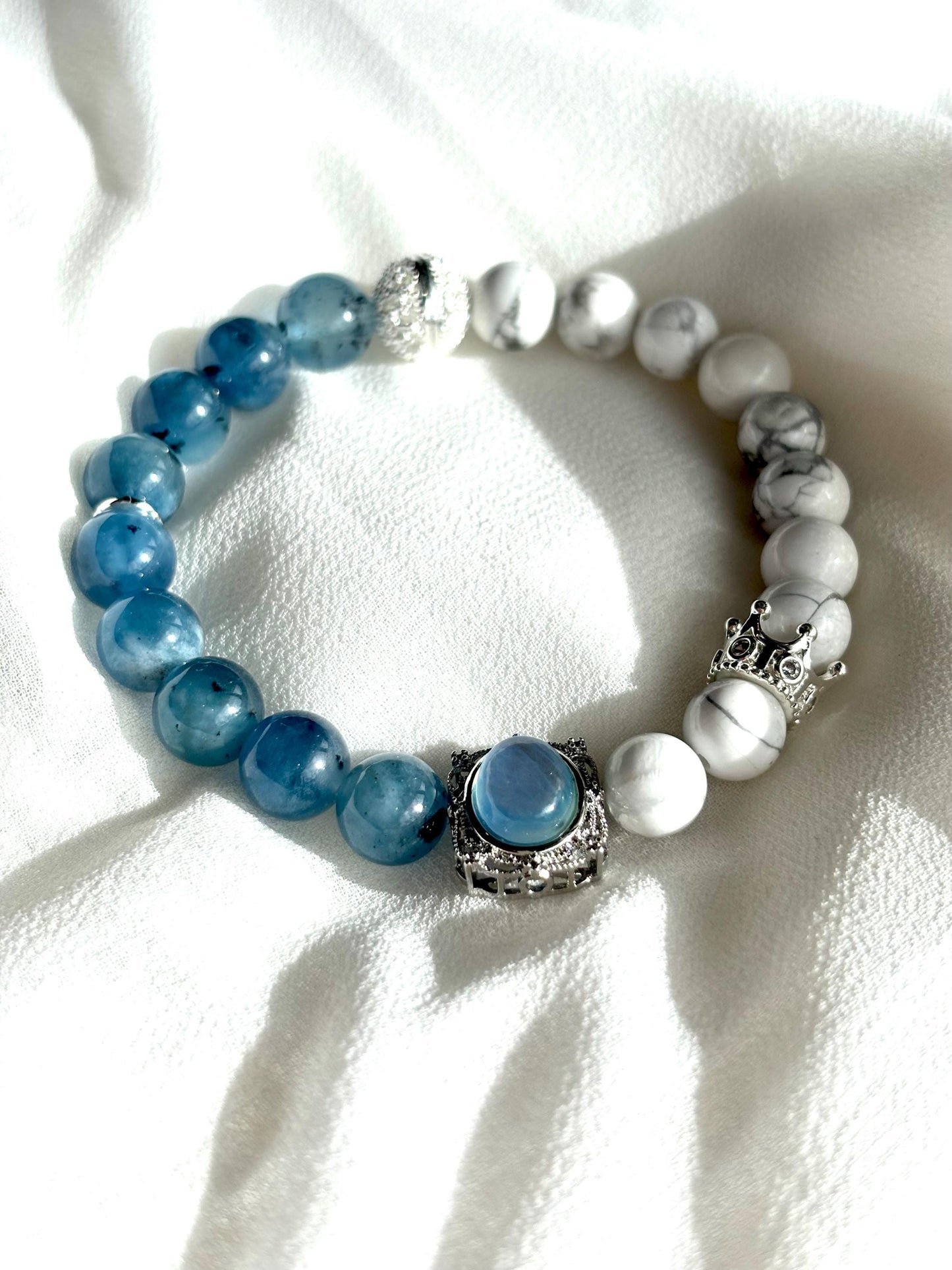 Navy Blue Aquamaire & Magnesite Stone Bracelet with Aquamarine and Crown Charms