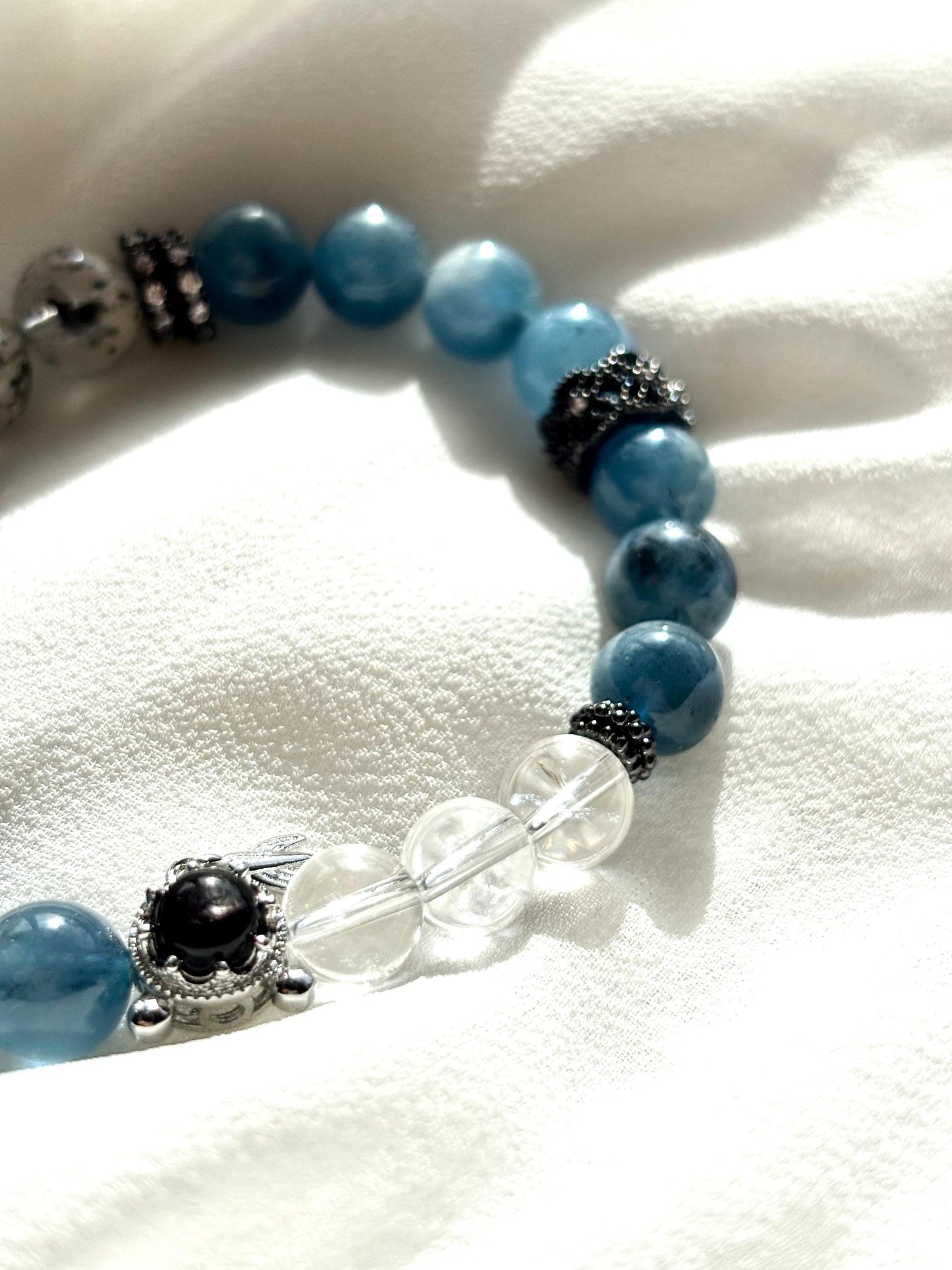 Aquamaire, Clear Quartz & Black Mica Bracelet with Gold Fish Charm – Handmade Silver Obsidian Gemstone Jewelry