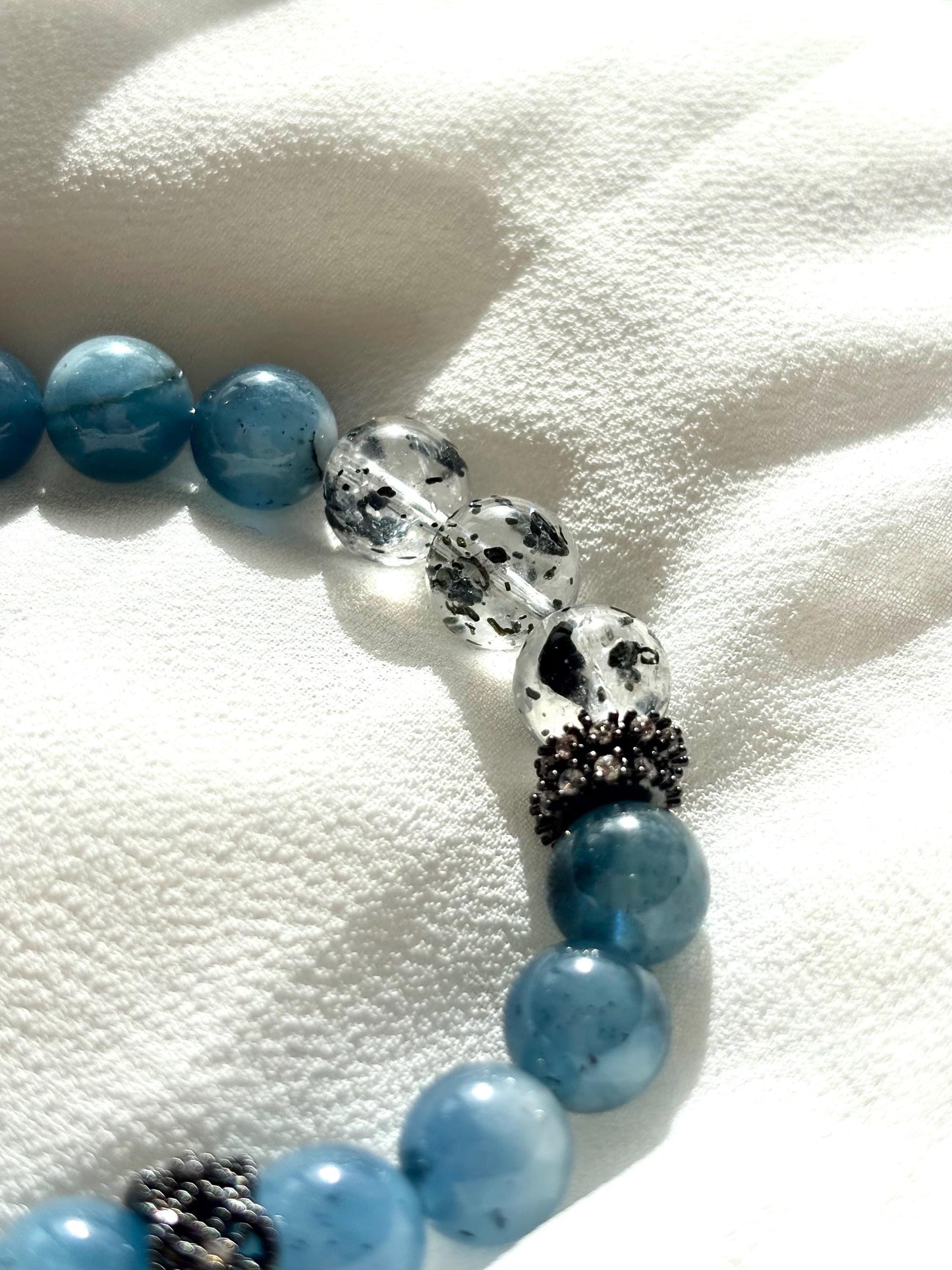 Aquamaire, Clear Quartz & Black Mica Bracelet with Gold Fish Charm – Handmade Silver Obsidian Gemstone Jewelry