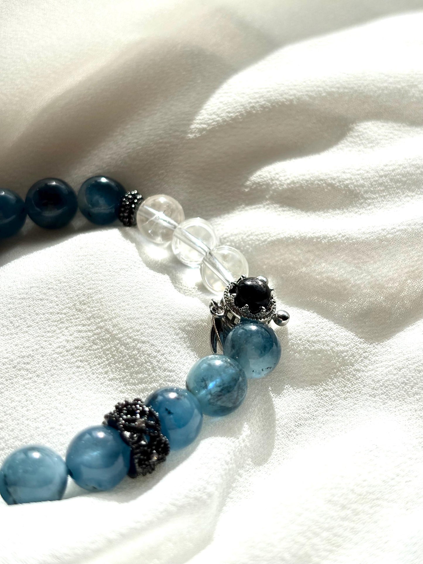 Aquamaire, Clear Quartz & Black Mica Bracelet with Gold Fish Charm – Handmade Silver Obsidian Gemstone Jewelry