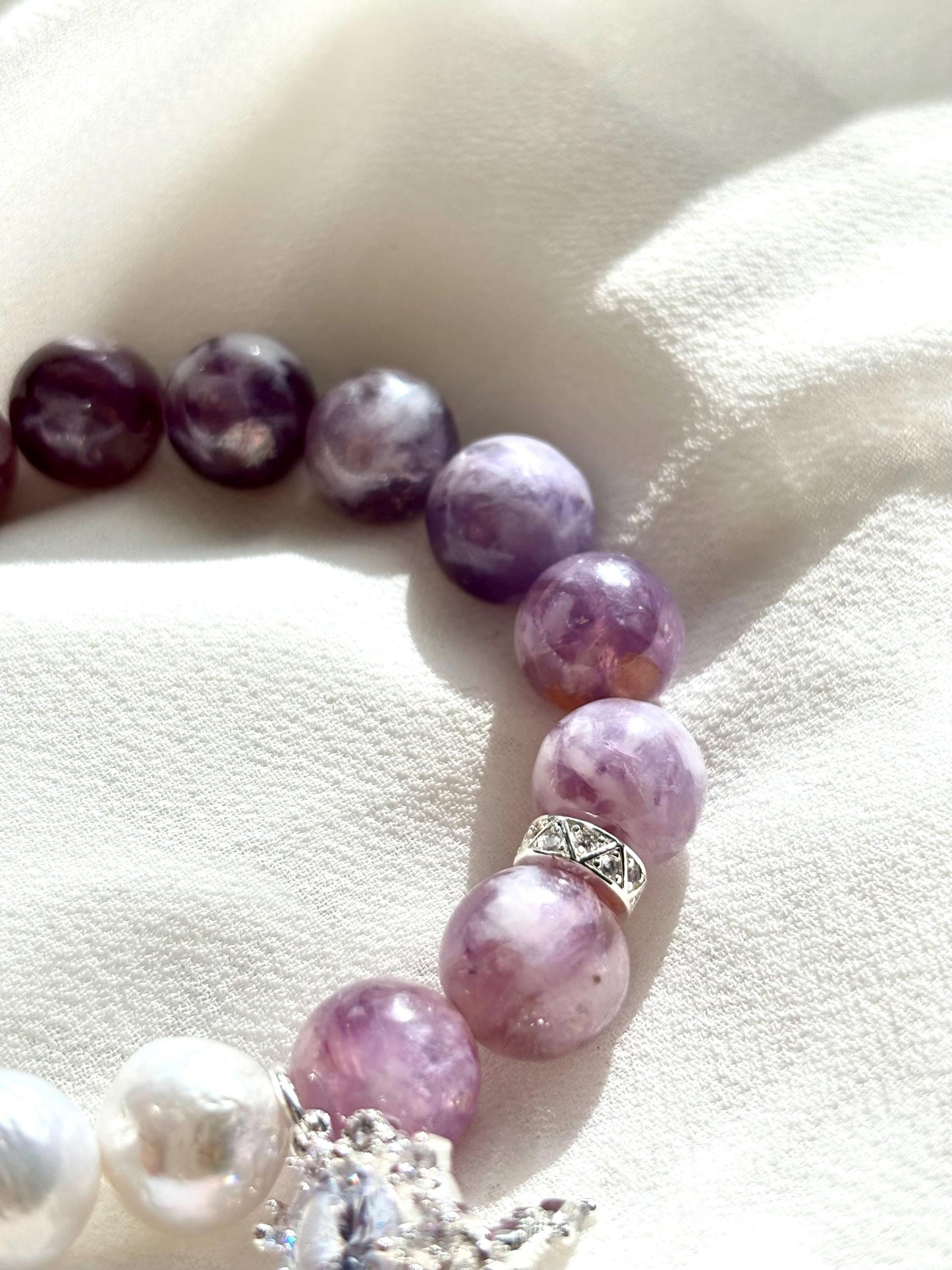 Elegant White Pearl & Milky Amethyst Bracelet with Dreamcatcher Sparkle Accents