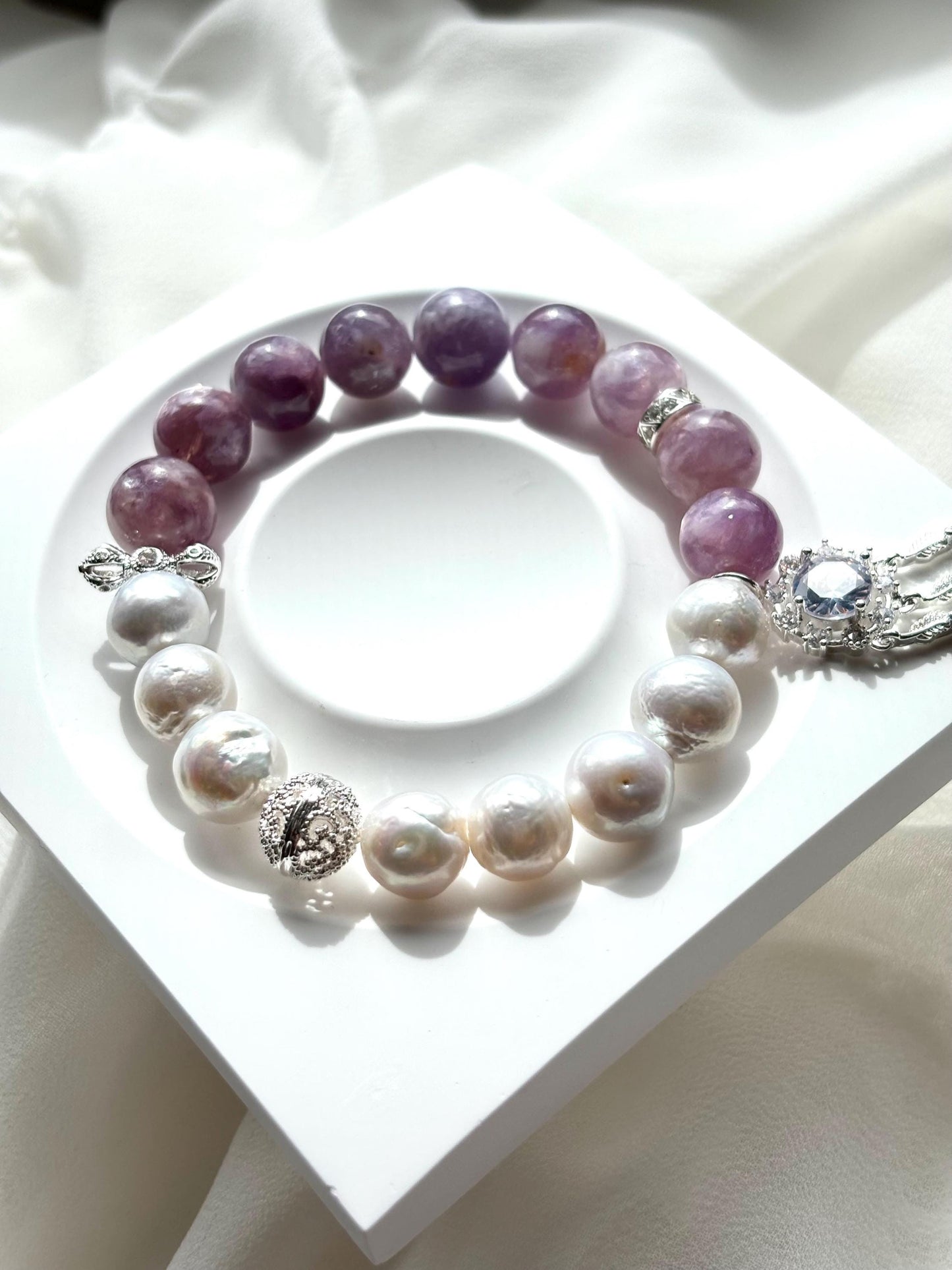 Elegant White Pearl & Milky Amethyst Bracelet with Dreamcatcher Sparkle Accents