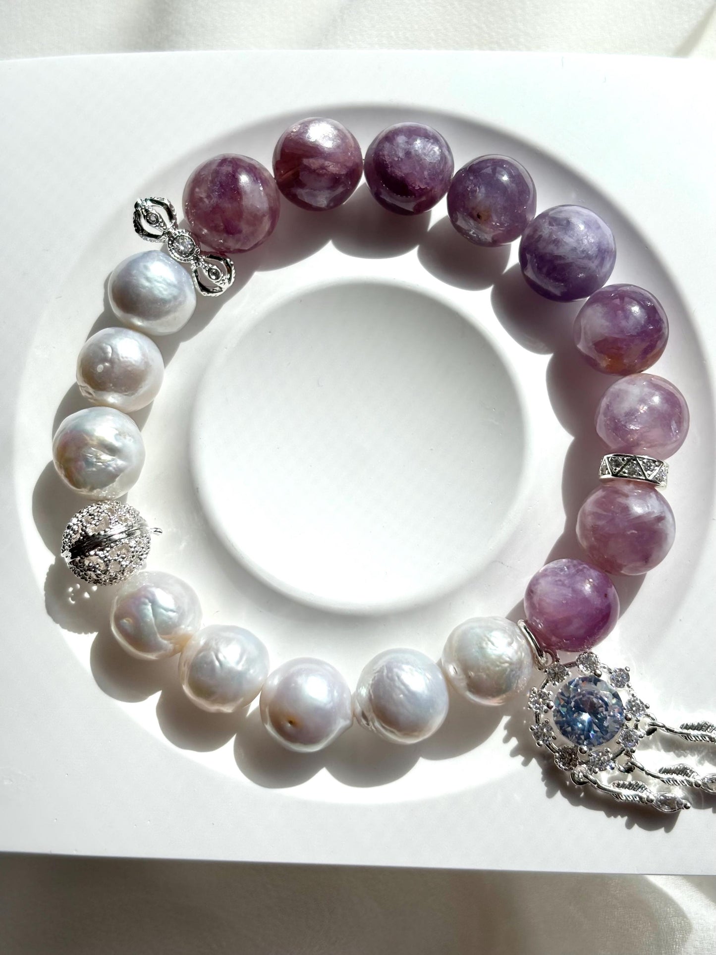 Elegant White Pearl & Milky Amethyst Bracelet with Dreamcatcher Sparkle Accents