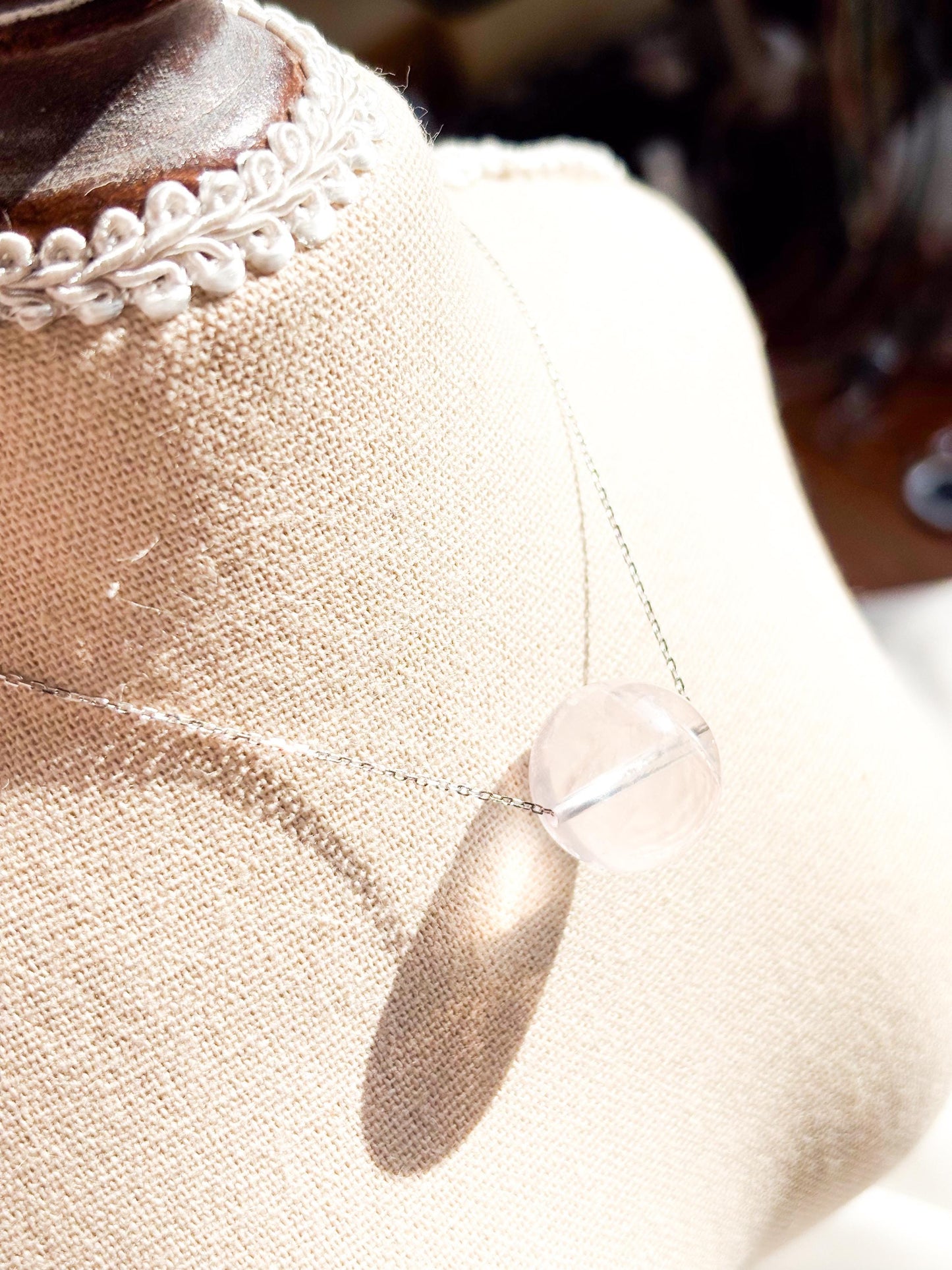 Minimalist Sterling Silver Necklace with Rose Quartz Crystal Ball Pendant-45cm Layering Necklace