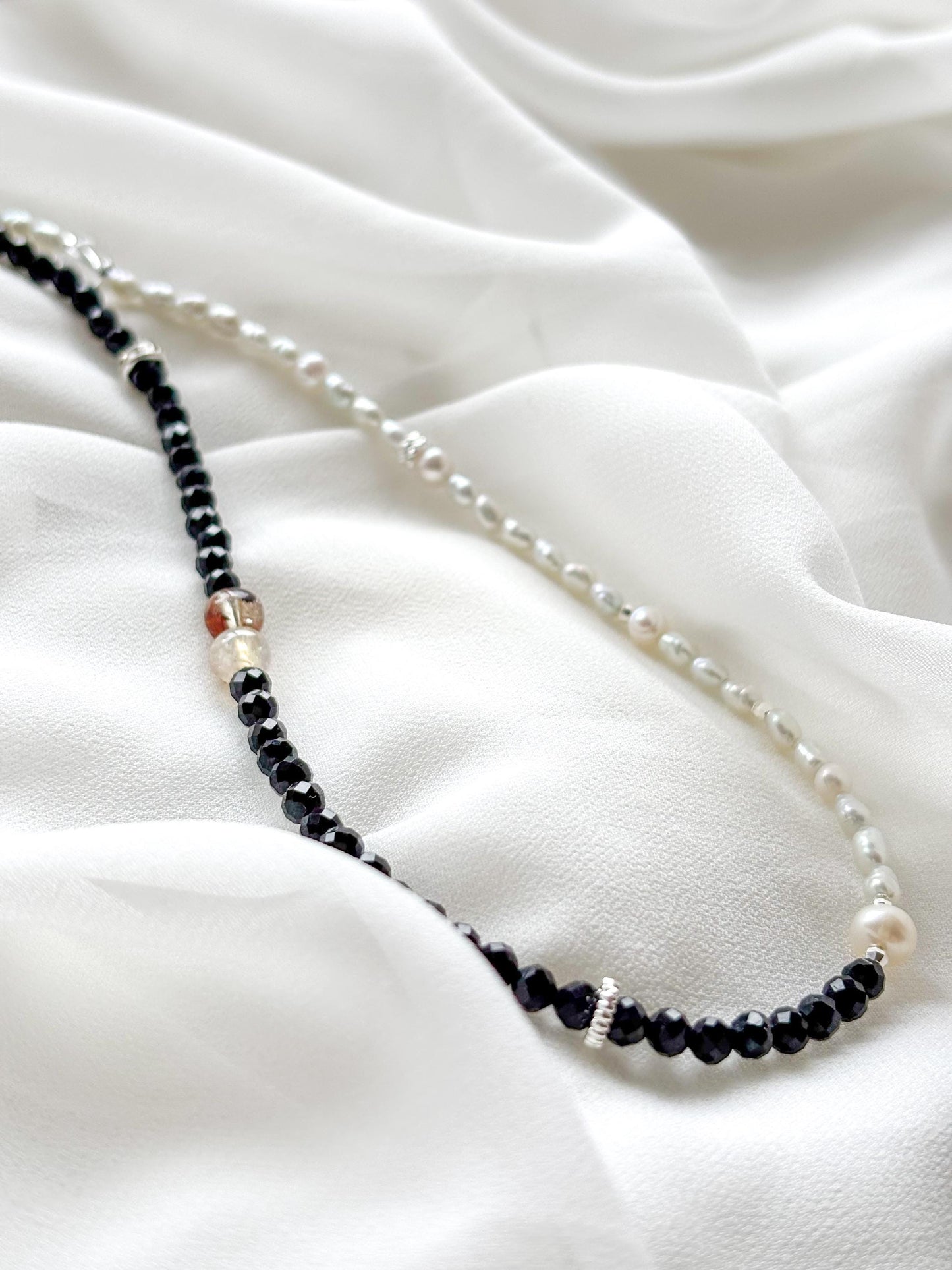 Eclipse Harmony – Black Tourmaline & Keshi Pearl Necklace