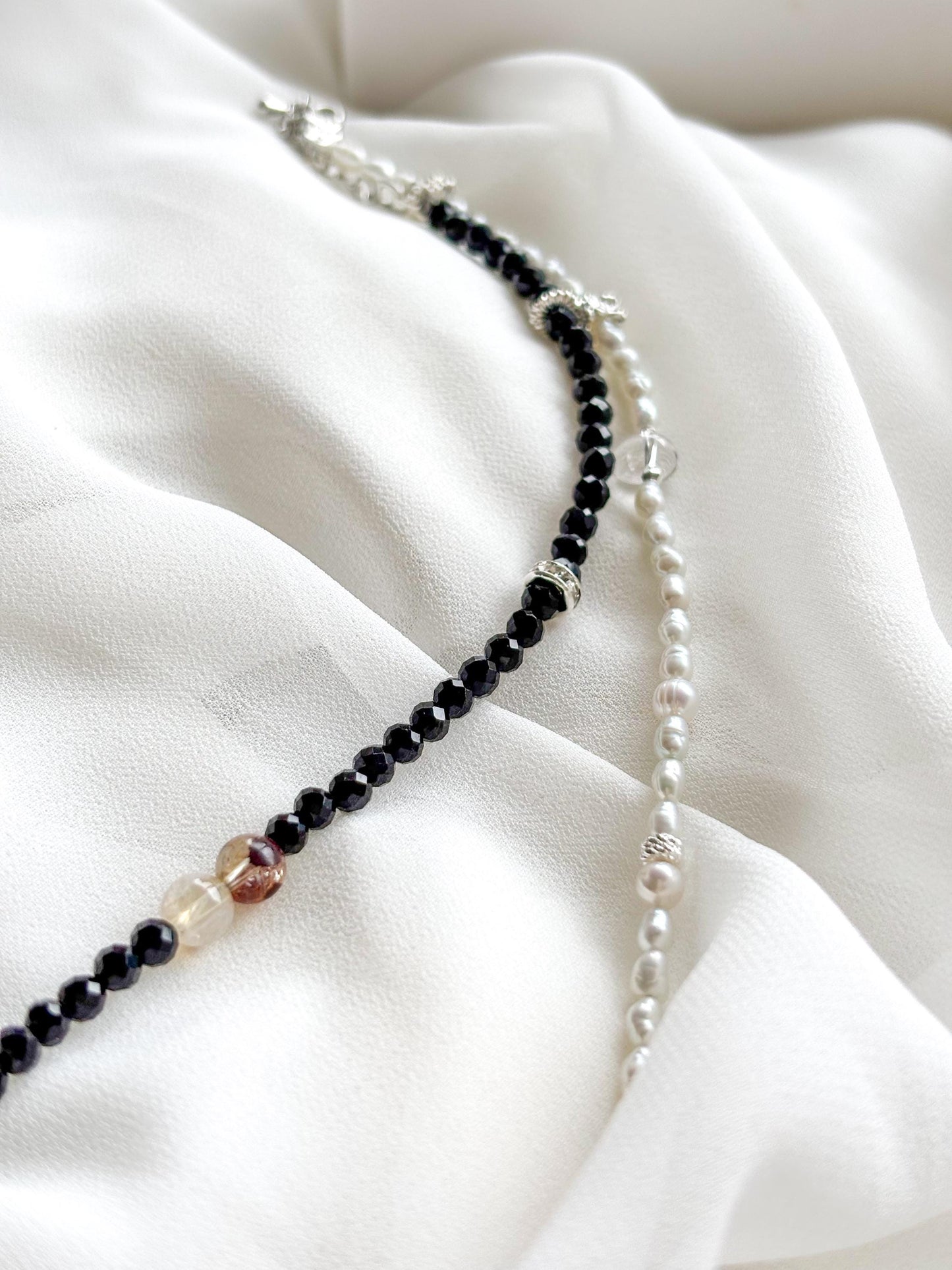 Eclipse Harmony – Black Tourmaline & Keshi Pearl Necklace