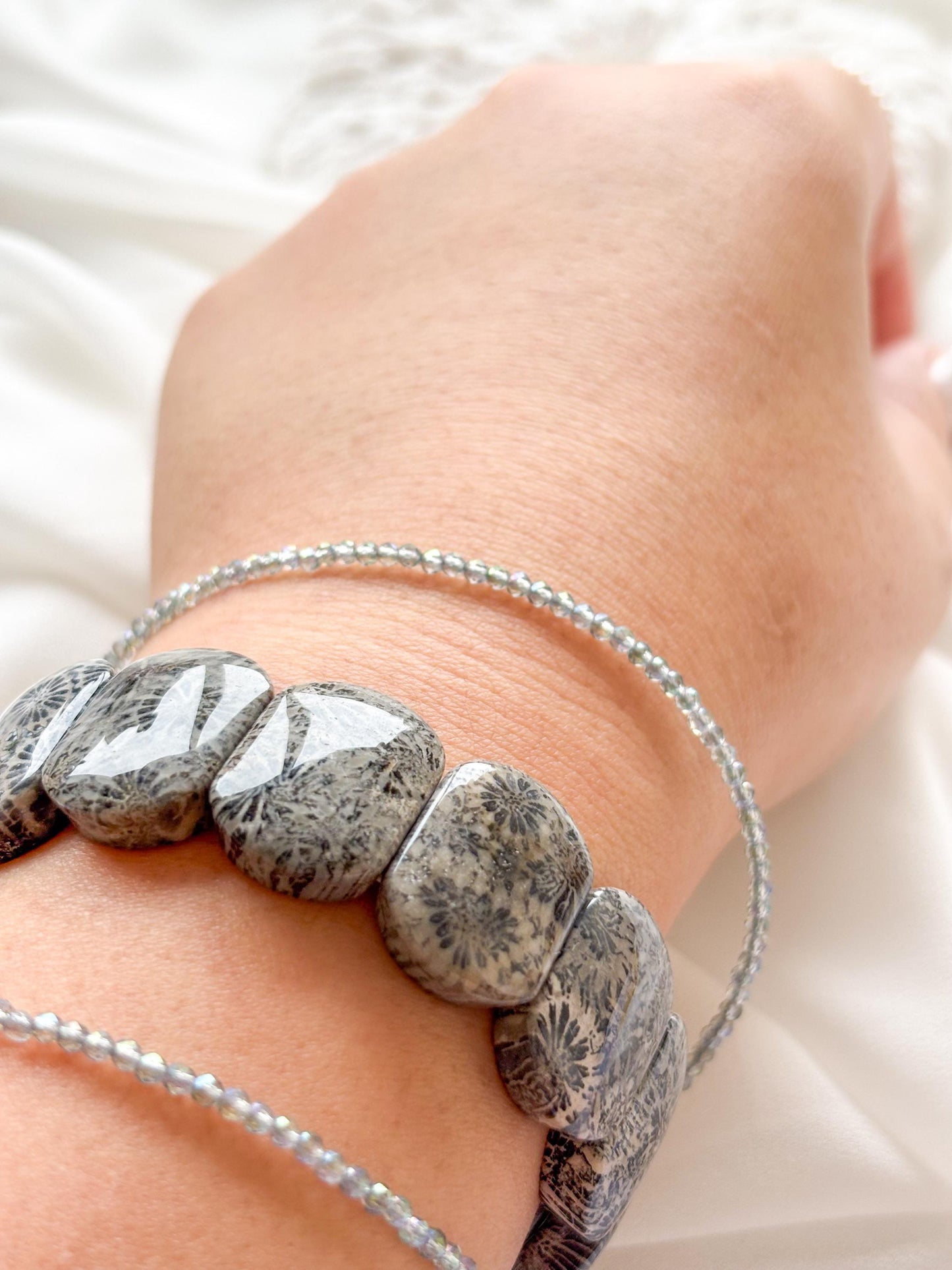 Earth’s Timeless Bloom – Charcoal Fossil Coral Daisy Bracelet