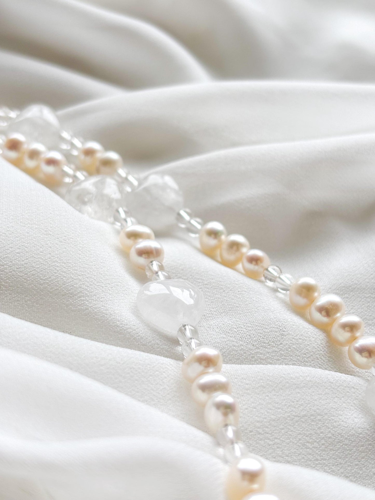 First Love–Freshwater Pearl & Clear Quartz Heart Necklace