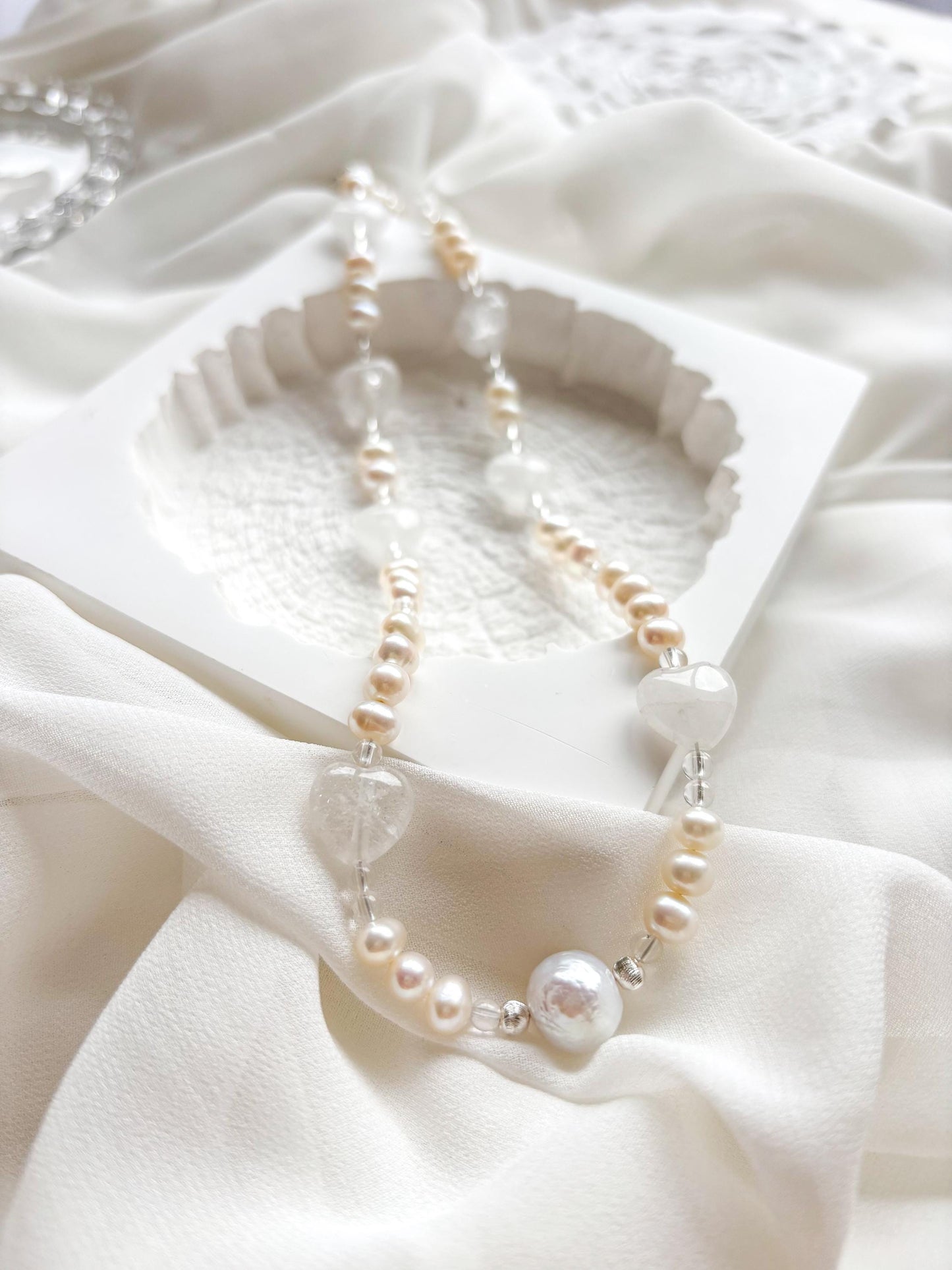 First Love–Freshwater Pearl & Clear Quartz Heart Necklace