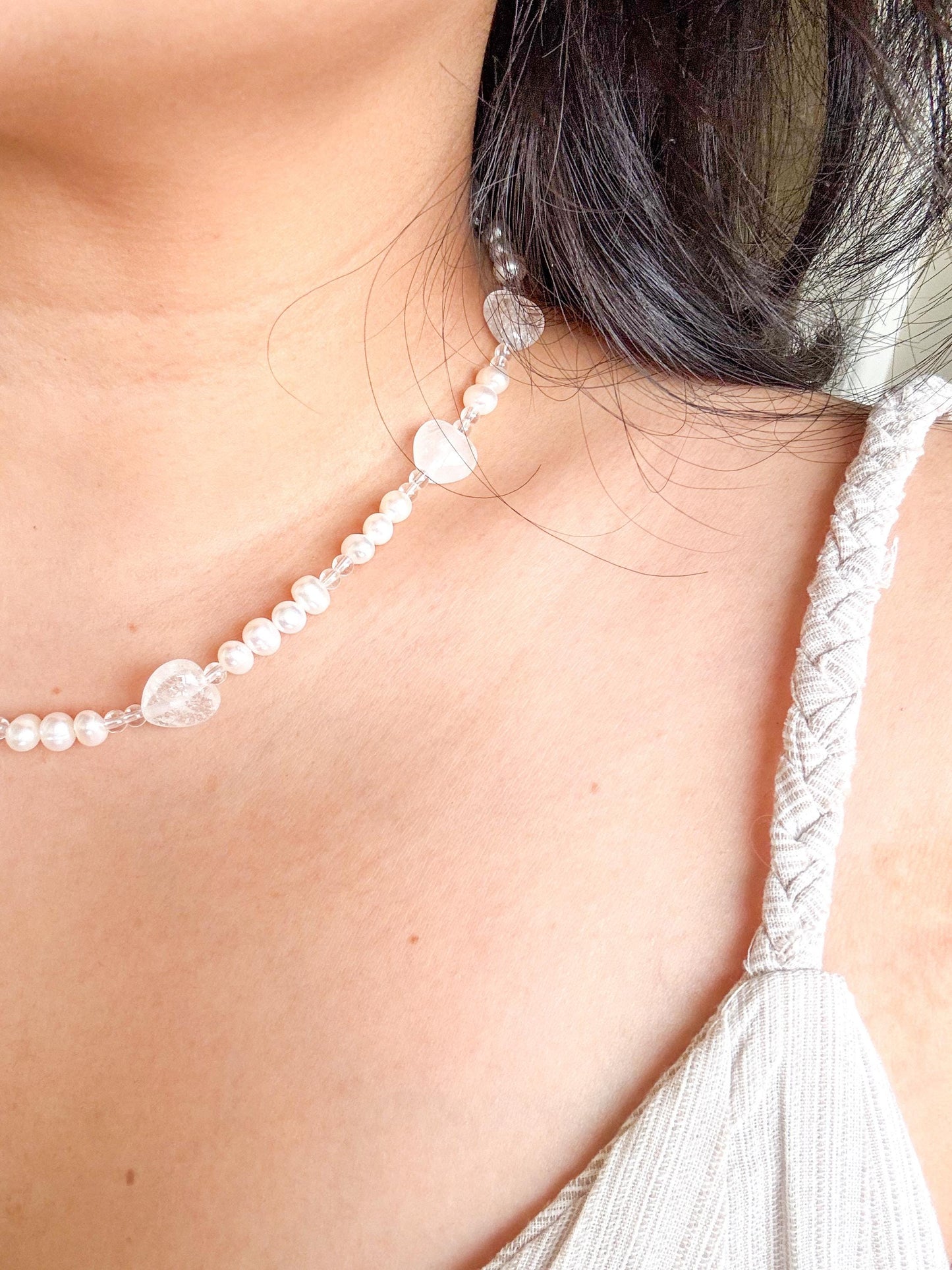 First Love–Freshwater Pearl & Clear Quartz Heart Necklace